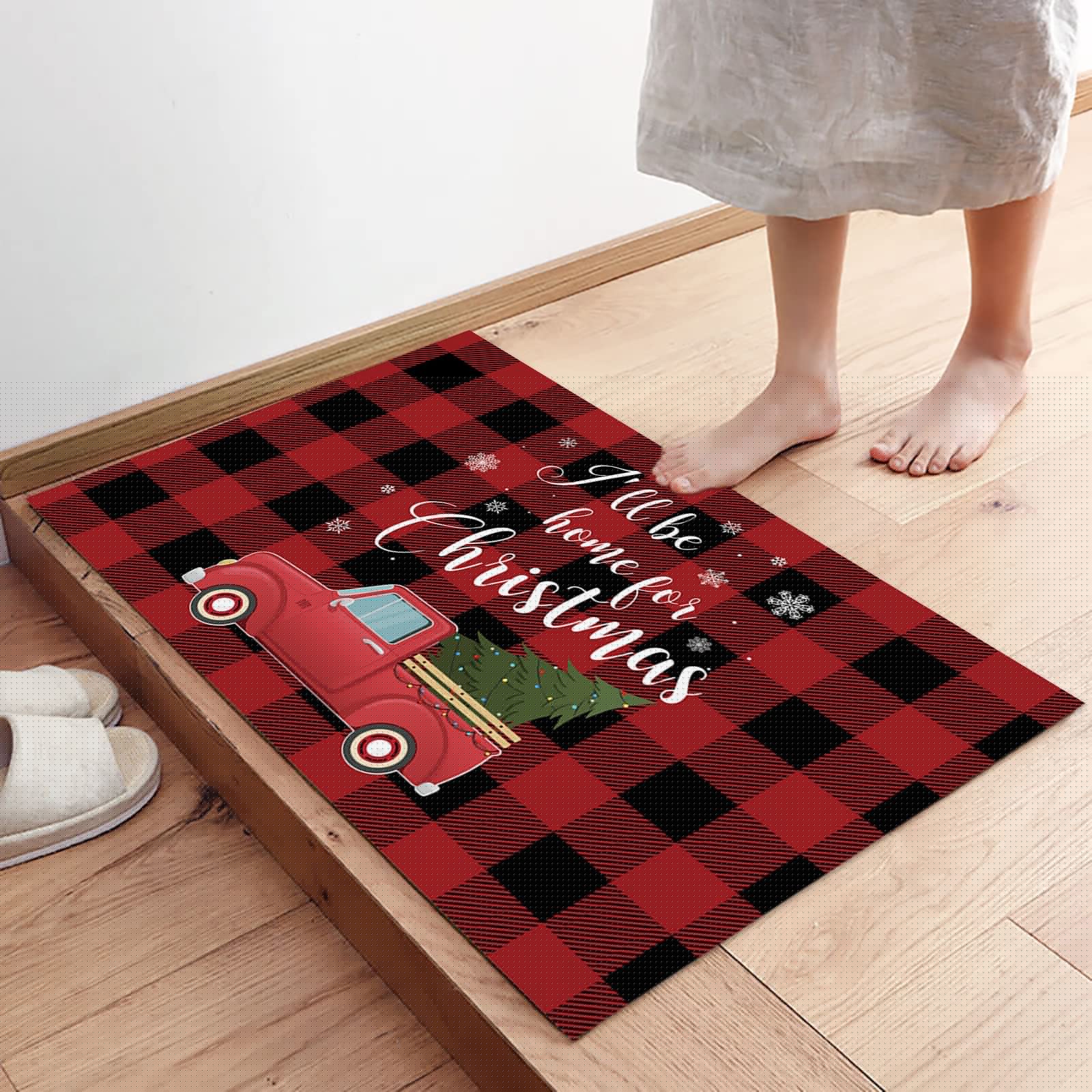 Christmas Kitchen Rugs Set of 2 - Non-Slip Holiday Floor Mats with Red Truck & Buffalo Check Design (23.6