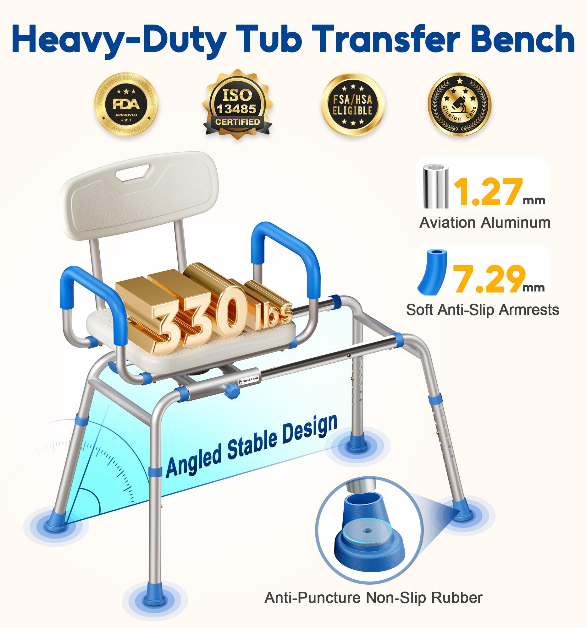 FSA/HSA Eligible Sliding Shower Chair with Extra-Wide 360° Swivel Seat - 330lbs Weight Capacity Tub Transfer Bench with Non-Slip Padded Arms & Adjustable Height - Ideal for Elderly & Disabled Bath Safety - Perfect for Shower, Bathtub & Bathroom Mobility Assistance