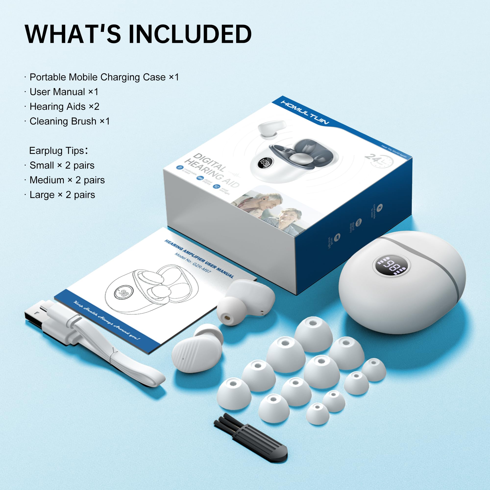 Rechargeable Hearing Aids for Seniors - Noise Cancelling In-Ear Amplifiers with LED Display & Charging Case (White) | Comfortable Hearing Solution for TV Watching, Conversations & Outdoor Activities
