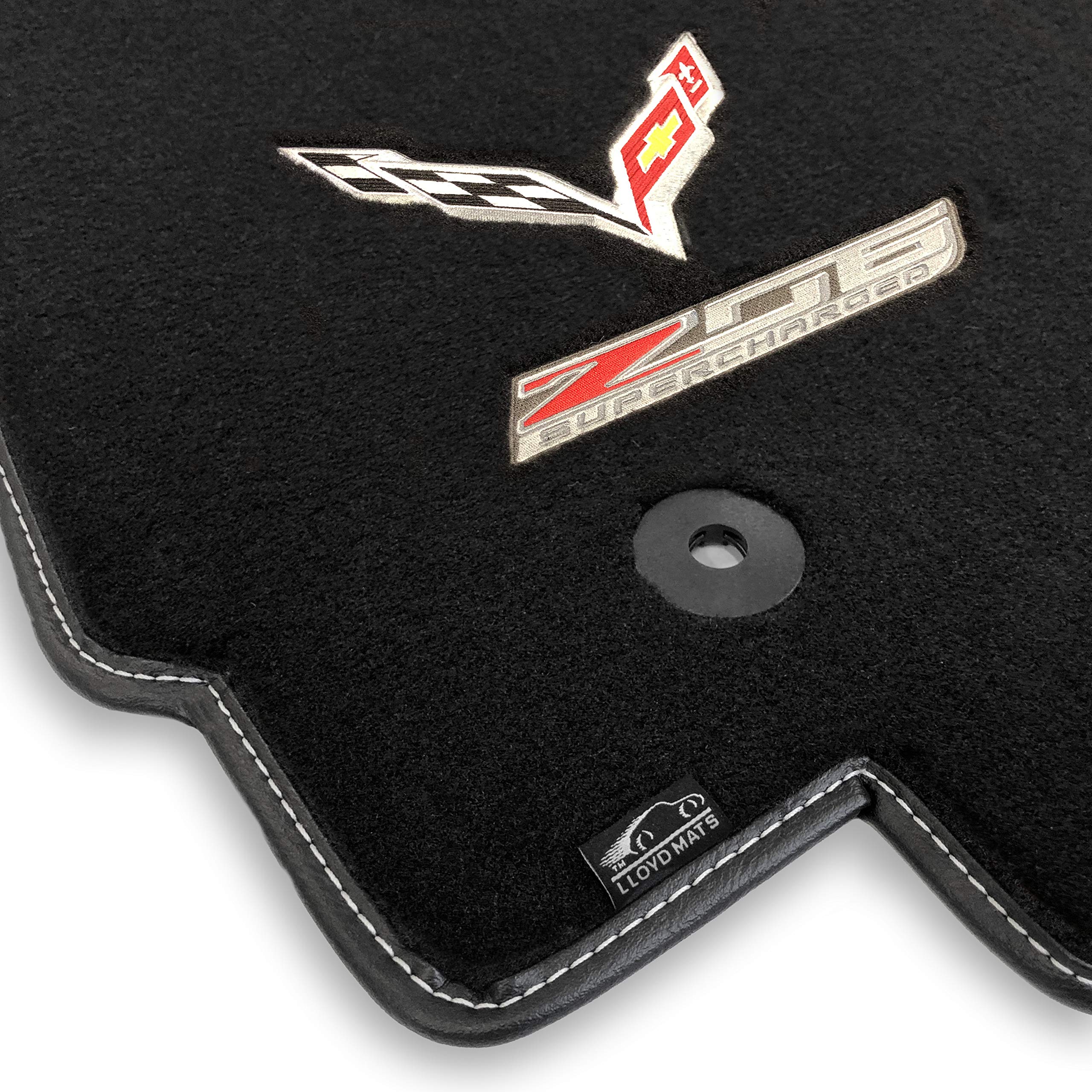Premium Custom-Fit Carpeted Floor Mats for Corvette C7 2014-2019 | Lloyd Mats Luxury Car Floor Liners | Charcoal Color with Z06 Flags Design (2-Piece Set) | Perfect for Daily Driving & Car Shows