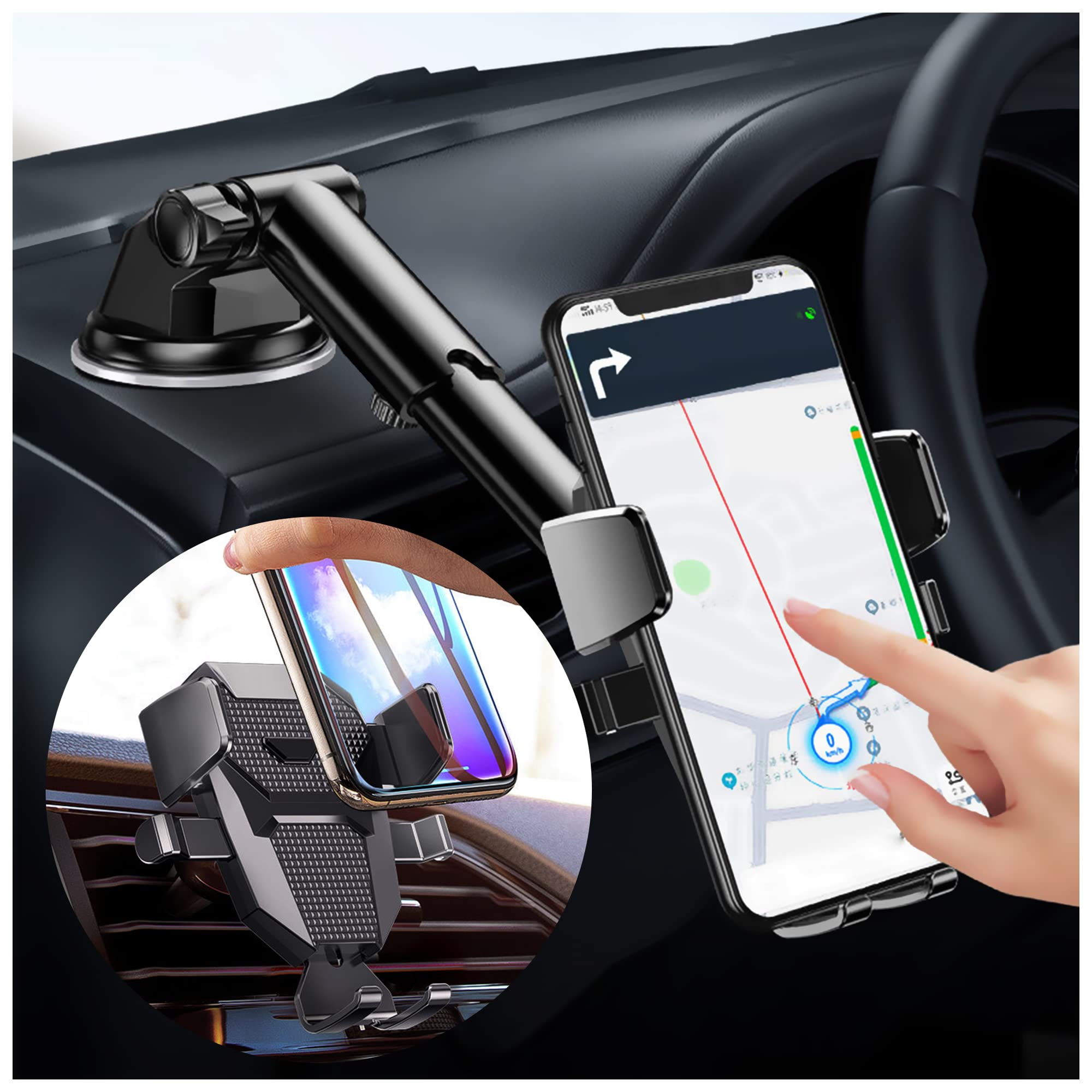 Universal Car Phone Holder Mount - Compatible with All Smartphones, Strong Suction Cup & Sticky Gel Pad for Windshield/Dashboard/Window - Perfect for Hands-Free Navigation, Road Trips & Daily Commuting