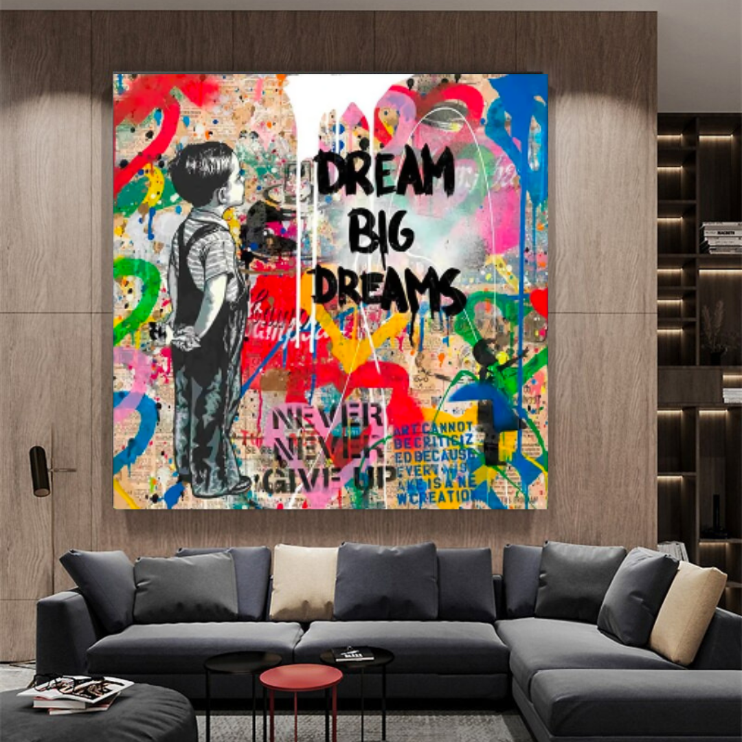 Banksy Dream Big Dreams Wall Art - Unique Canvas Print for Home & Office Decor | Inspirational Urban Street Art for Living Room, Bedroom & Workspace