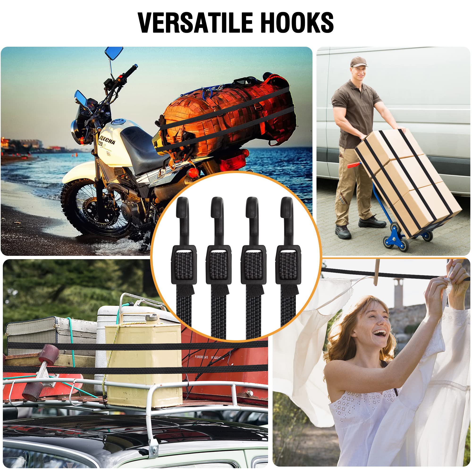 Heavy Duty Adjustable Bungee Cords with Hooks - 60 Inch Black Rubber Straps with Buckle Hooks (4 Pack) - Perfect for Outdoor Camping, Tarps, Bike Racks, Tents, Trucks & Cargo Securing