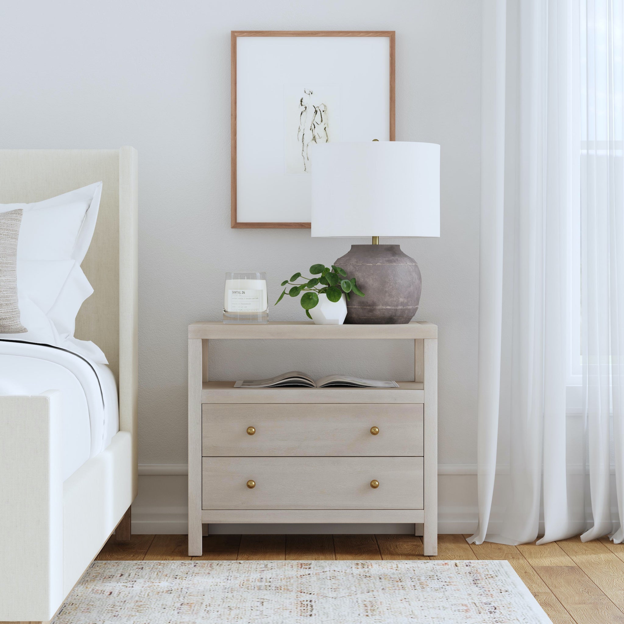 Antique Taupe Two-Drawer Wide Nightstand - Vintage Bedside Table with Storage for Bedroom, Living Room & Guest Room