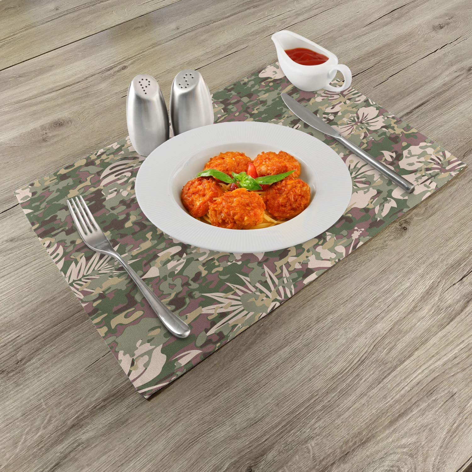 Ambesonne 4-Pack Camo Placemats - Hawaiian Tropical Jungle Forest Design with Hibiscus Flowers & Leaves - Washable Fabric Dining Table Mats (Standard Size, Dark Brown/Pale Pink) - Perfect for Luau Parties, Tropical Themed Dinners & Outdoor Entertaining