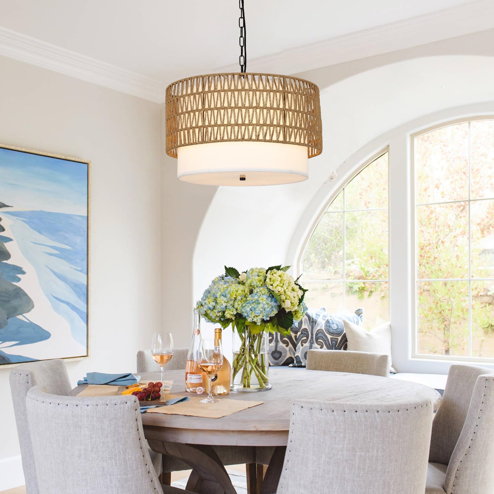 5-Light Farmhouse Chandelier - Handwoven Rattan Boho Pendant Light with Fabric Shade for Dining Room, Kitchen, Bedroom & Hallway | Rustic Ceiling Lighting Fixture for Home Decor & Island