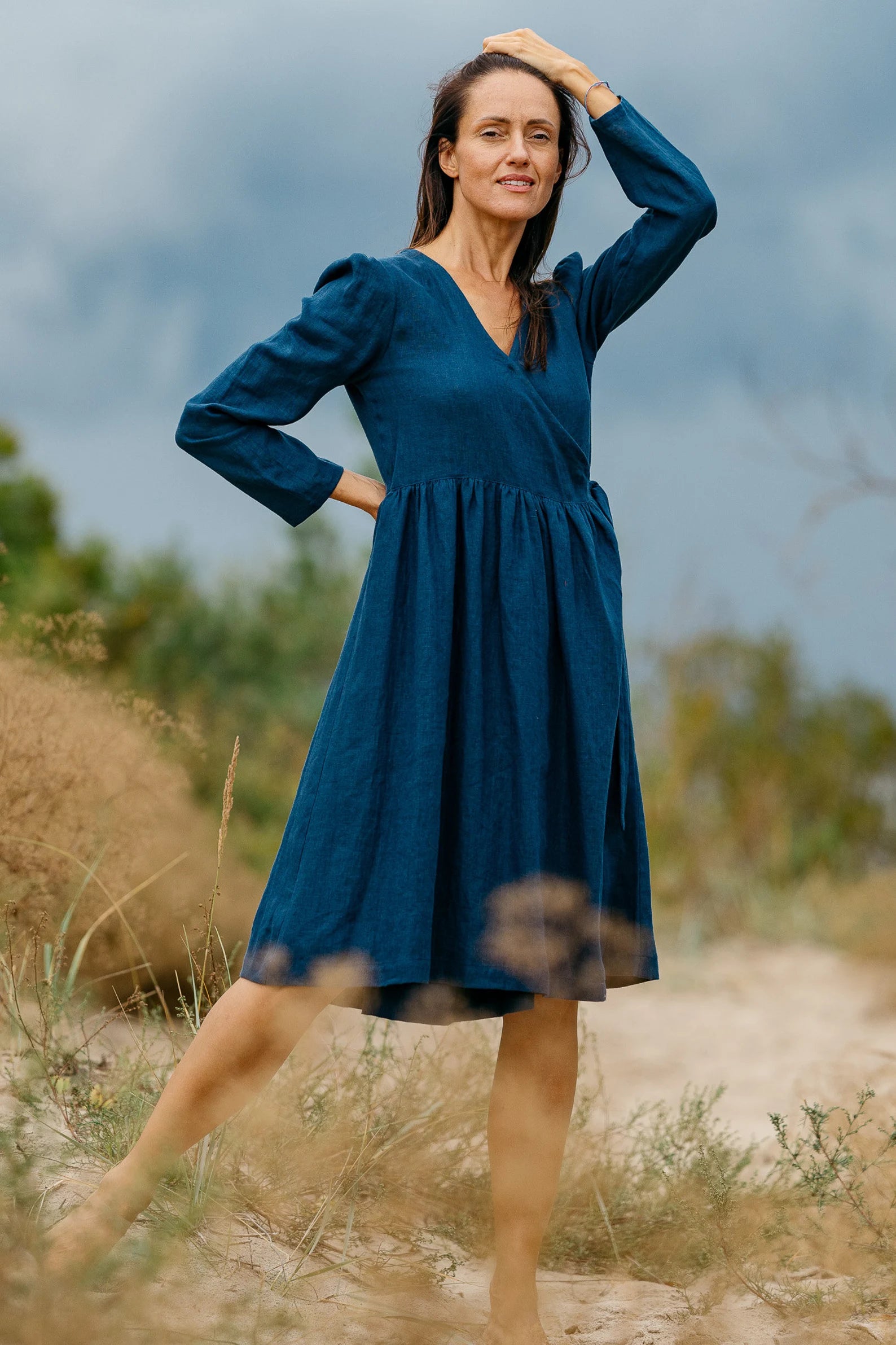 Wrap Linen V-Neck Dress - Venice Style Summer Beach Cover Up & Casual Day Outfit