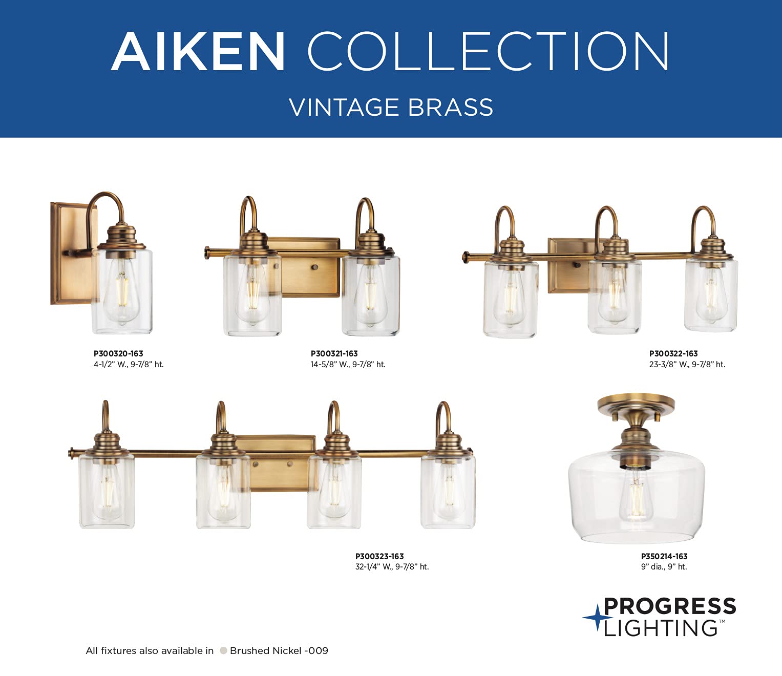 Progress Lighting Aiken Collection 4-Light Vintage Brass Vanity Light with Clear Glass Shades - Perfect for Bathroom, Powder Room, and Dressing Area Lighting