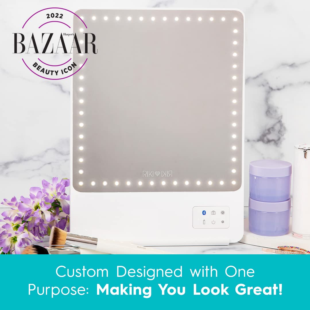 RIKI LOVES RIKI LED Vanity Mirror with Lights & Bluetooth - Portable Lighted Makeup Mirror with 10X Magnification, Adjustable Stand & Phone Holder | 5 Brightness Levels, HD Daylight Lighting for Makeup Application, Skincare & Hair Styling at Home or Travel