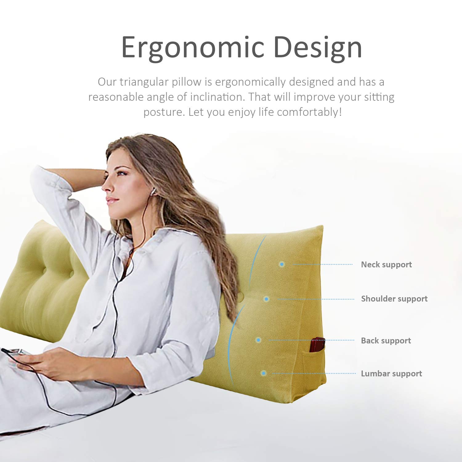 WOWMAX Wedge Body Pillow for Reading & Back Support - Lumbar Cushion with Removable Linen Cotton Cover - Pale Yellow California King Size - Perfect for Daybeds, Sofas & Bed Rest Comfort