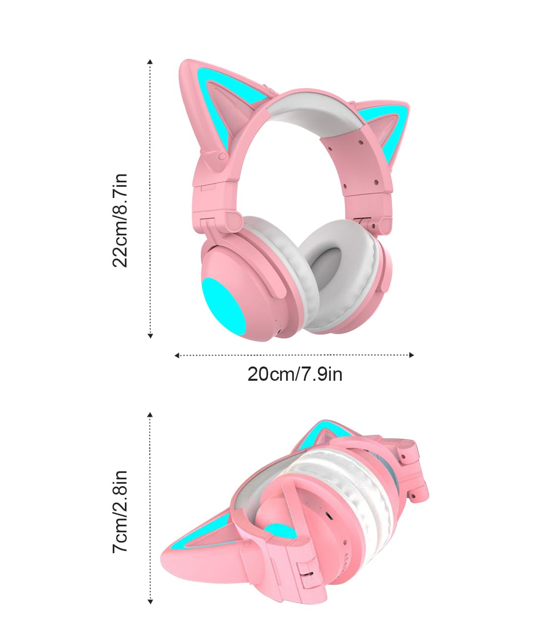 Wireless Cat Ear Headphones with LED Lights - Foldable Over-Ear Bluetooth Headset with Built-in Mic for Adults & Kids, Compatible with iPhone/Android/PC/Tablet/TV (Pink) - Perfect for Gaming, Music, Online Classes & Cosplay