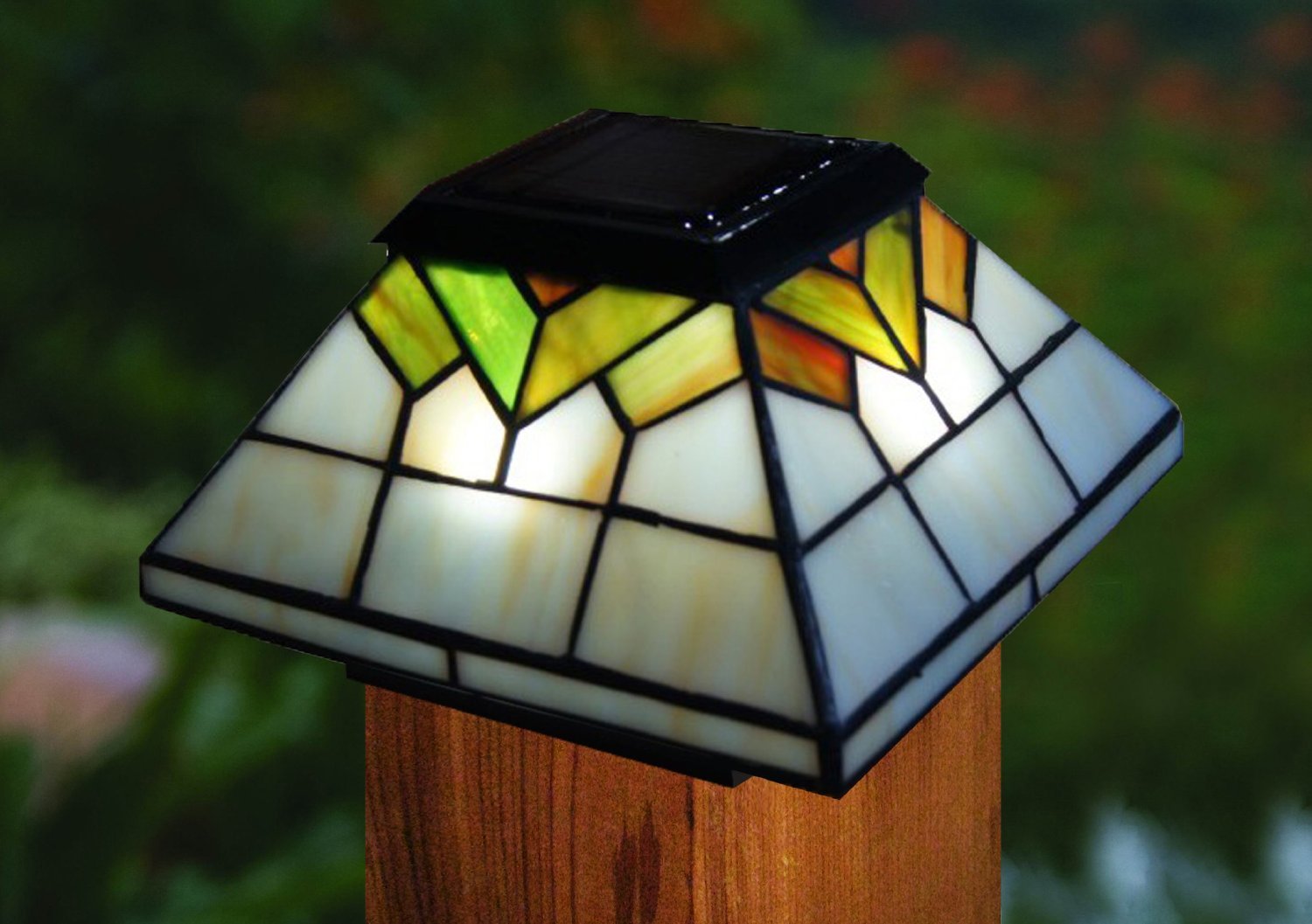 WG322 Set of 4 Solar Post Cap Lights - Stained Glass Tiffany Style Outdoor Solar Lights - Fits 5