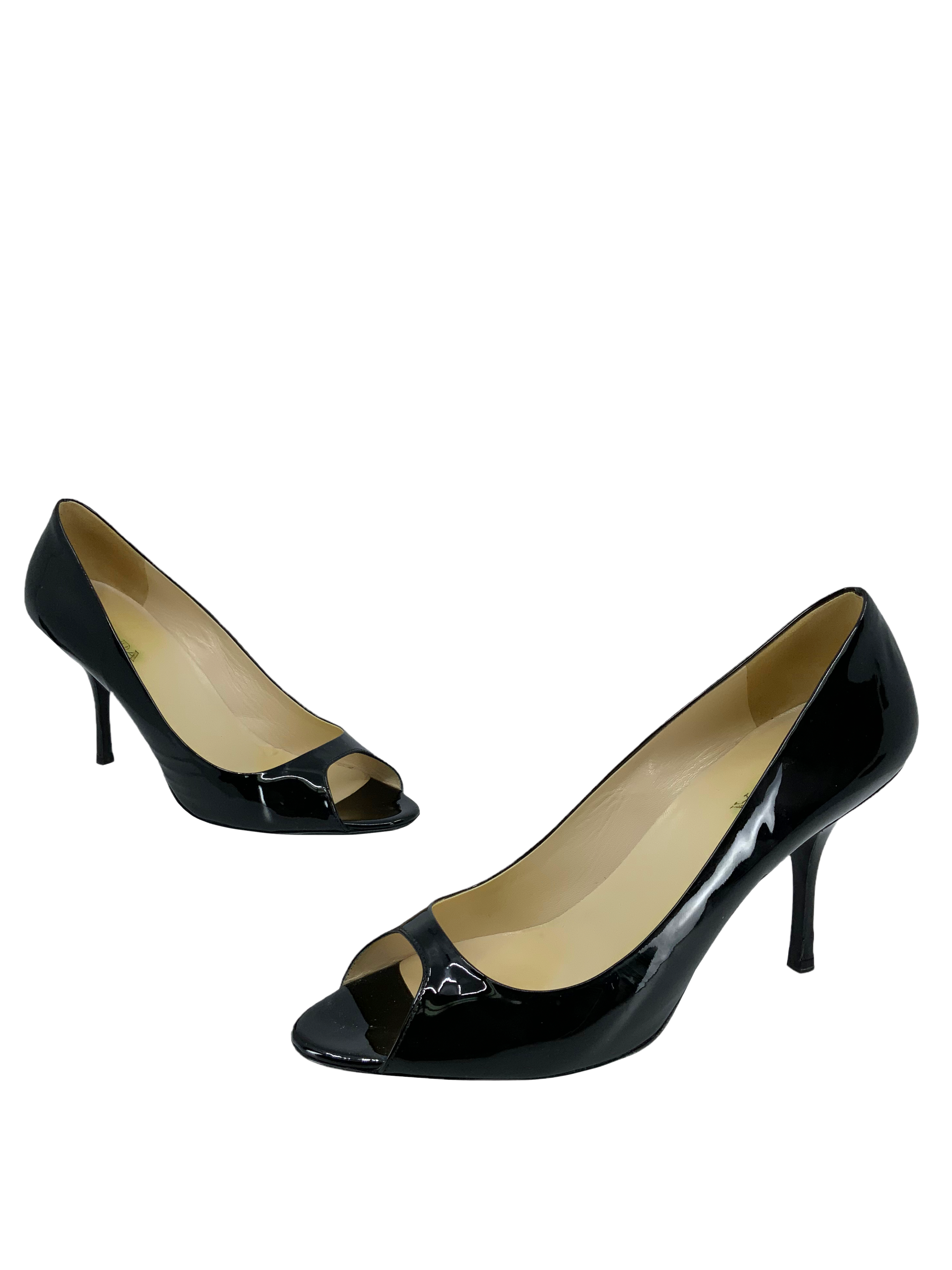 Prada Women's Patent Leather Peep Toe Pumps Size 10 - Elegant High Heels for Office, Party & Wedding Events