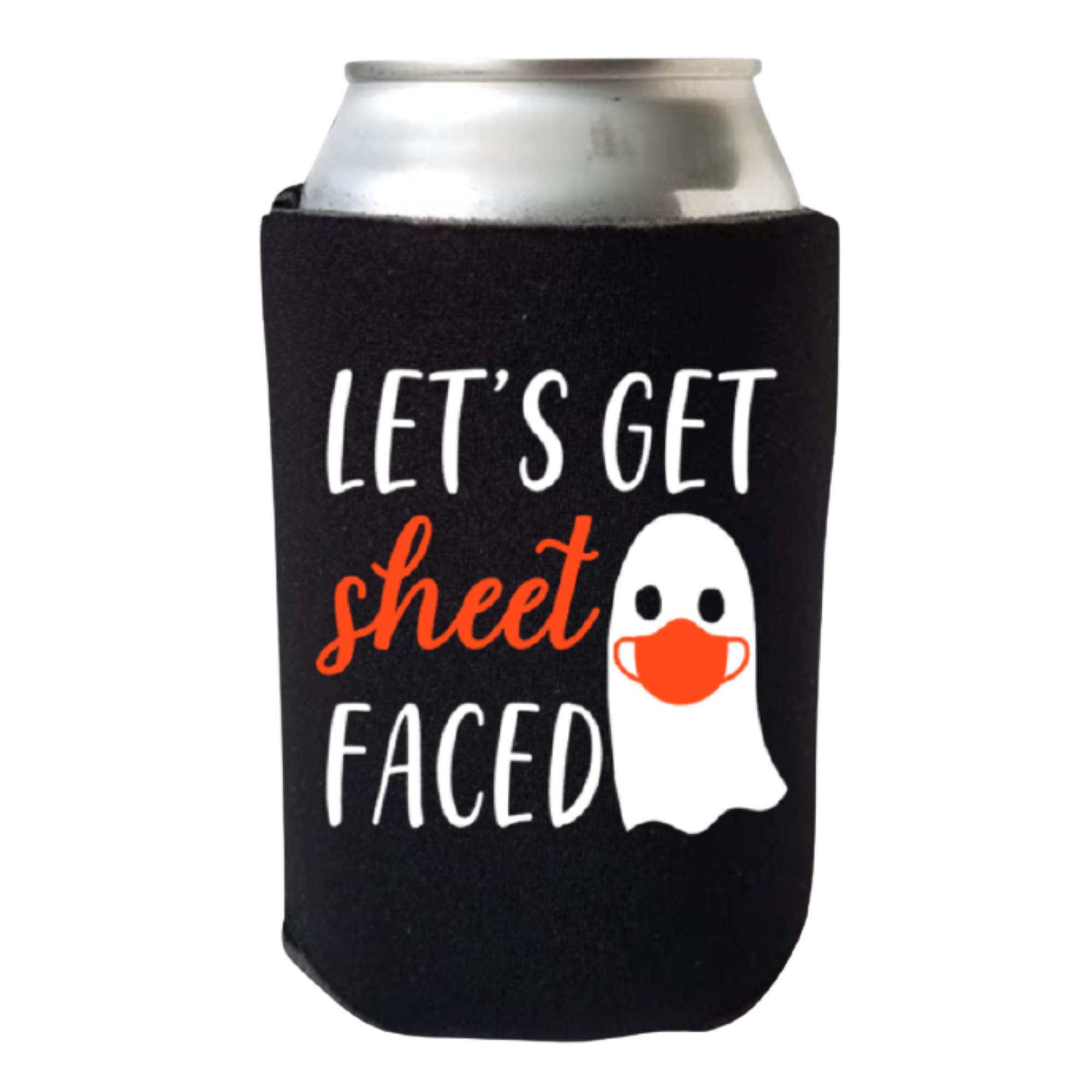 Funny Halloween Can Cooler - 'Let's Get Sheetfaced' Ghost Design - Insulated Beer Bottle Holder for Halloween Parties, Trick or Treating & Spooky Gatherings