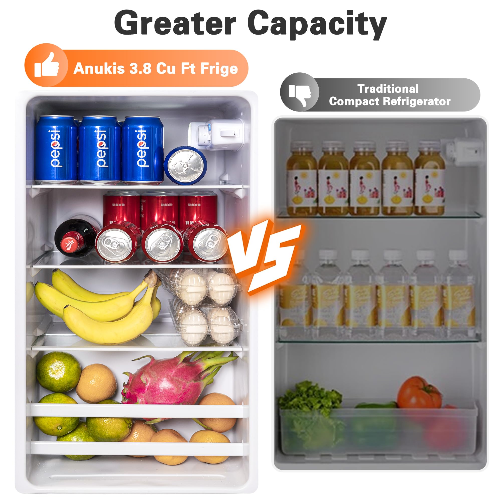 Anukis 3.8 Cu Ft Compact Refrigerator with Freezer - 2 Door Mini Fridge for Small Spaces, Dorm Room, Office, Bedroom, Basement & Garage - Energy Efficient Silver Appliance - Perfect for Beverages, Snacks & Meal Prep Storage