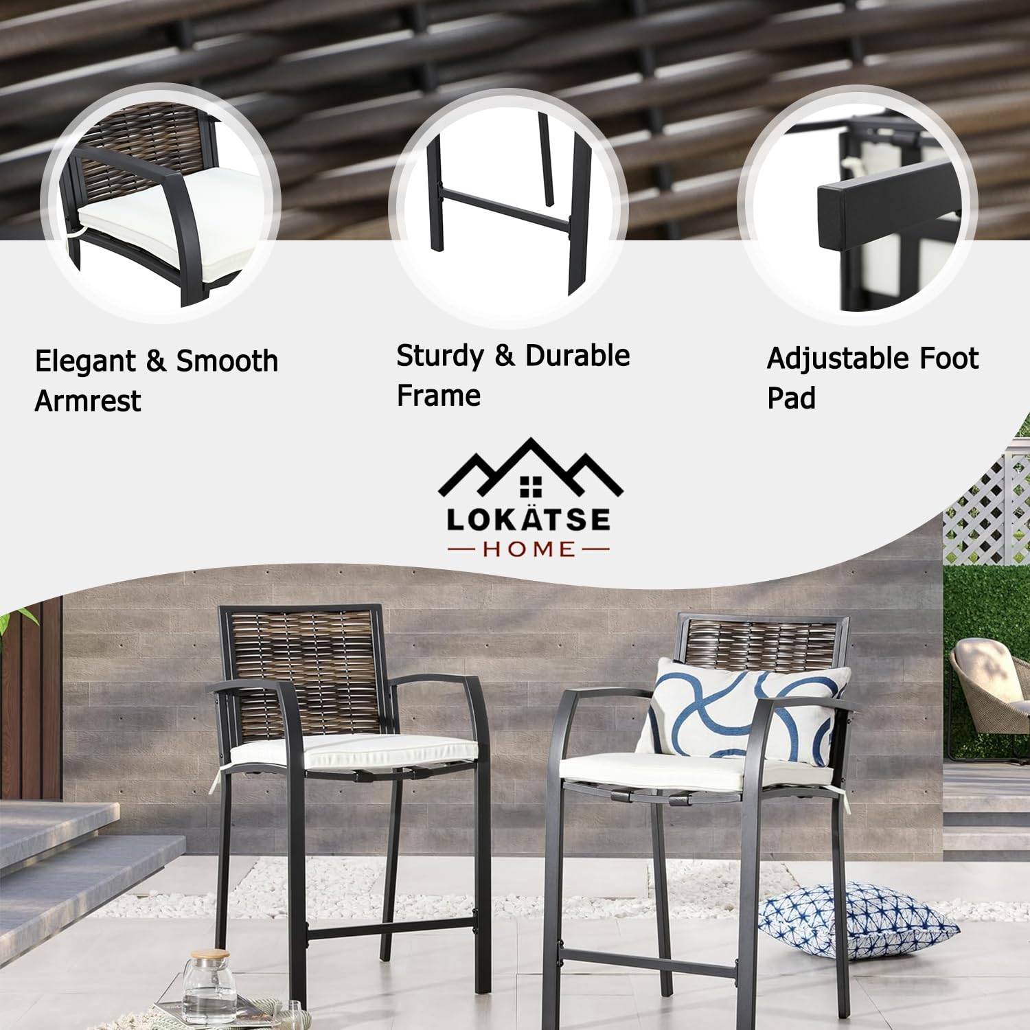 LOKATSE HOME 6-Piece Counter Height Bar Stool Set with Armrests - Beige Patio Chairs for Garden, Pool, Lawn & Backyard - Perfect for Outdoor Dining, Entertaining & Relaxation