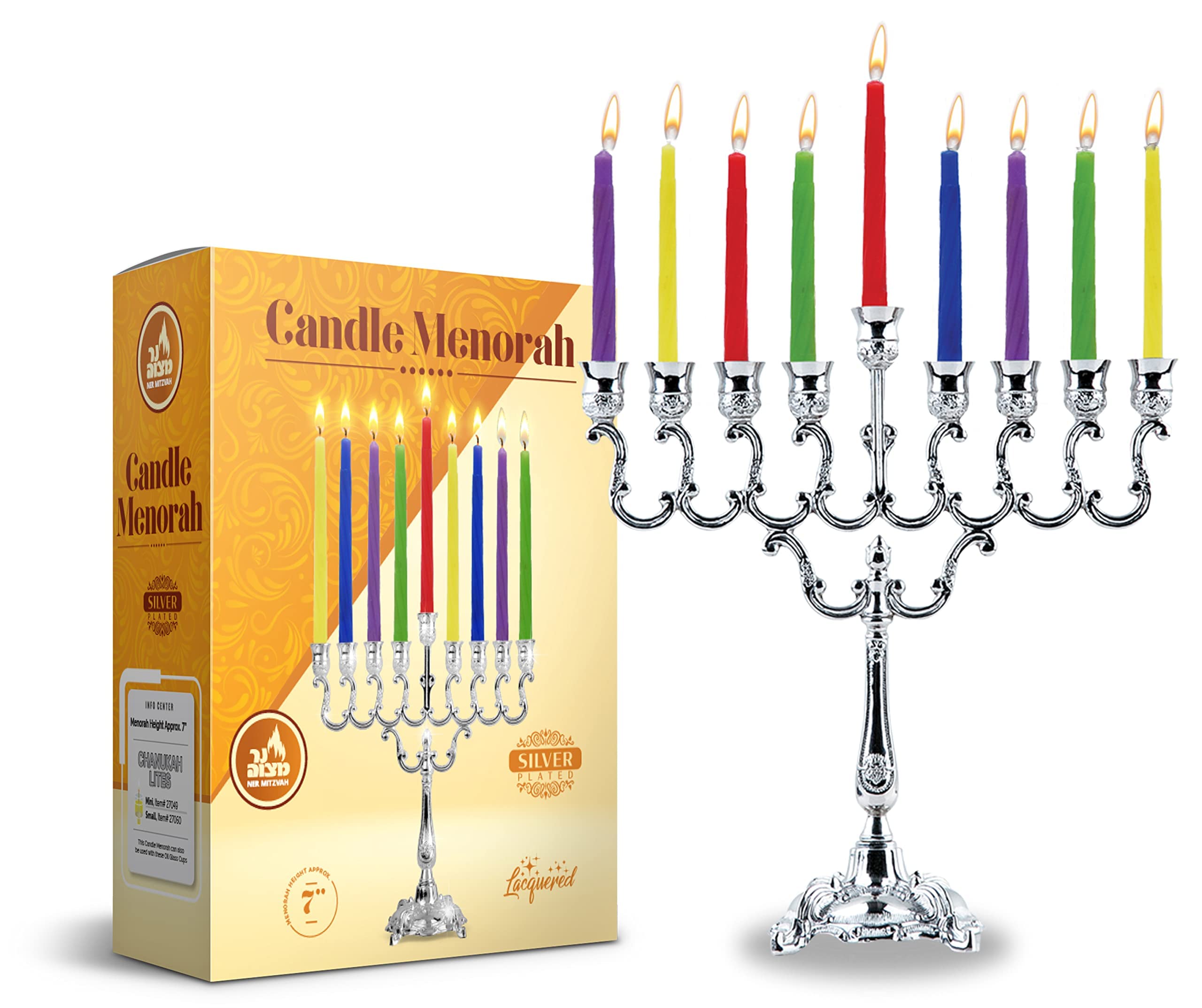Silver Plated Hanukkah Menorah with Curved Branches - Holds Standard Hanukkah Candles (7.25