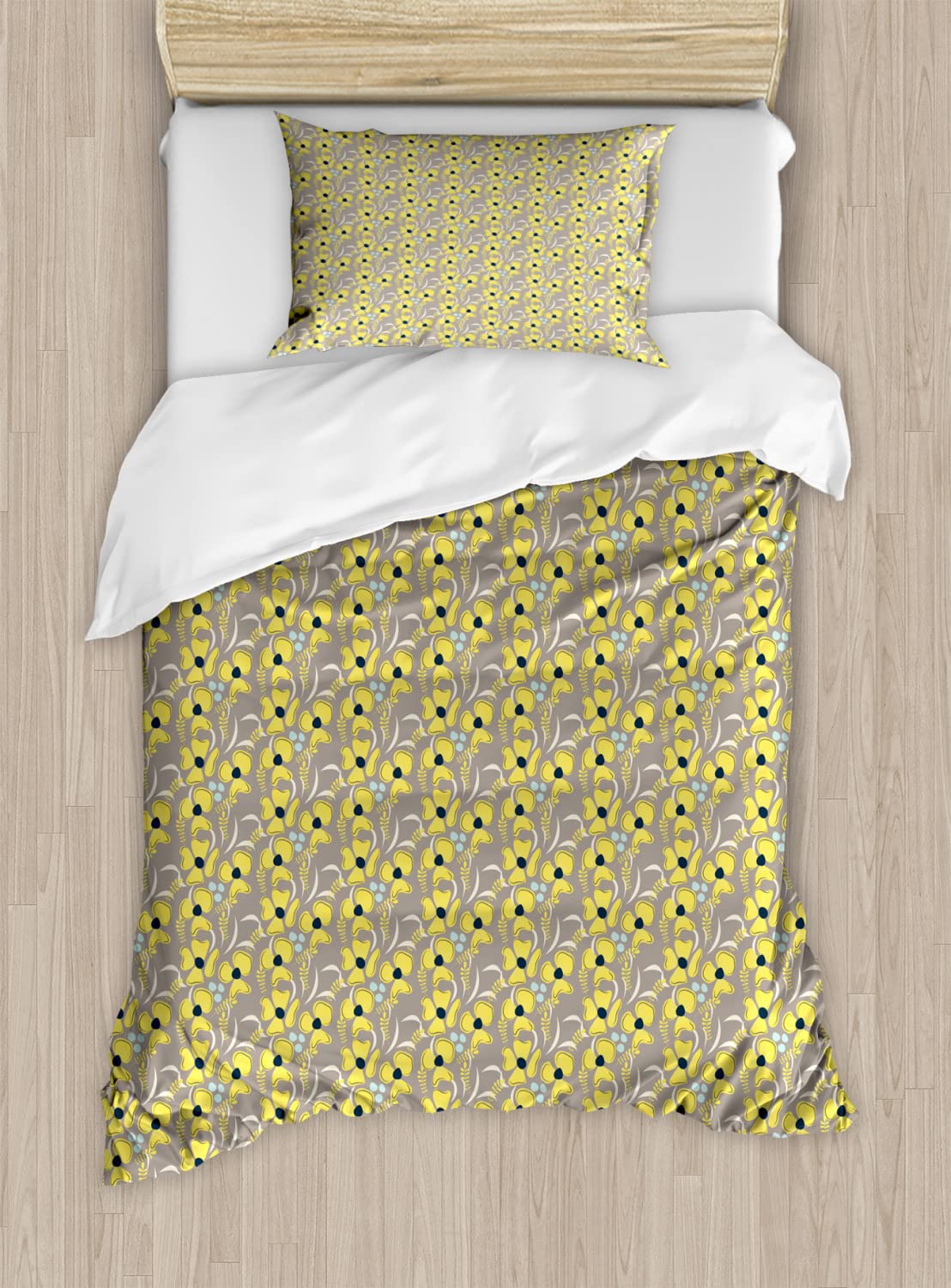 Ambesonne King Size Duvet Cover Set - 2 Pack Taupe Floral Meadow Design with 4 Pillowcases, Romantic Feminine Bouquet Pattern in Indigo Yellow Taupe - Perfect for Spring Bedroom Decor & Guest Room Styling