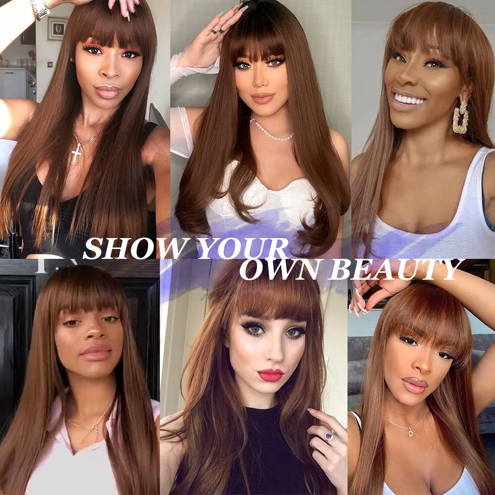 QD-Tizer Long Straight Brown Synthetic Wig with Bangs - Heat Resistant No Lace Fashion Wig for Women | Perfect for Cosplay, Daily Wear & Special Occasions