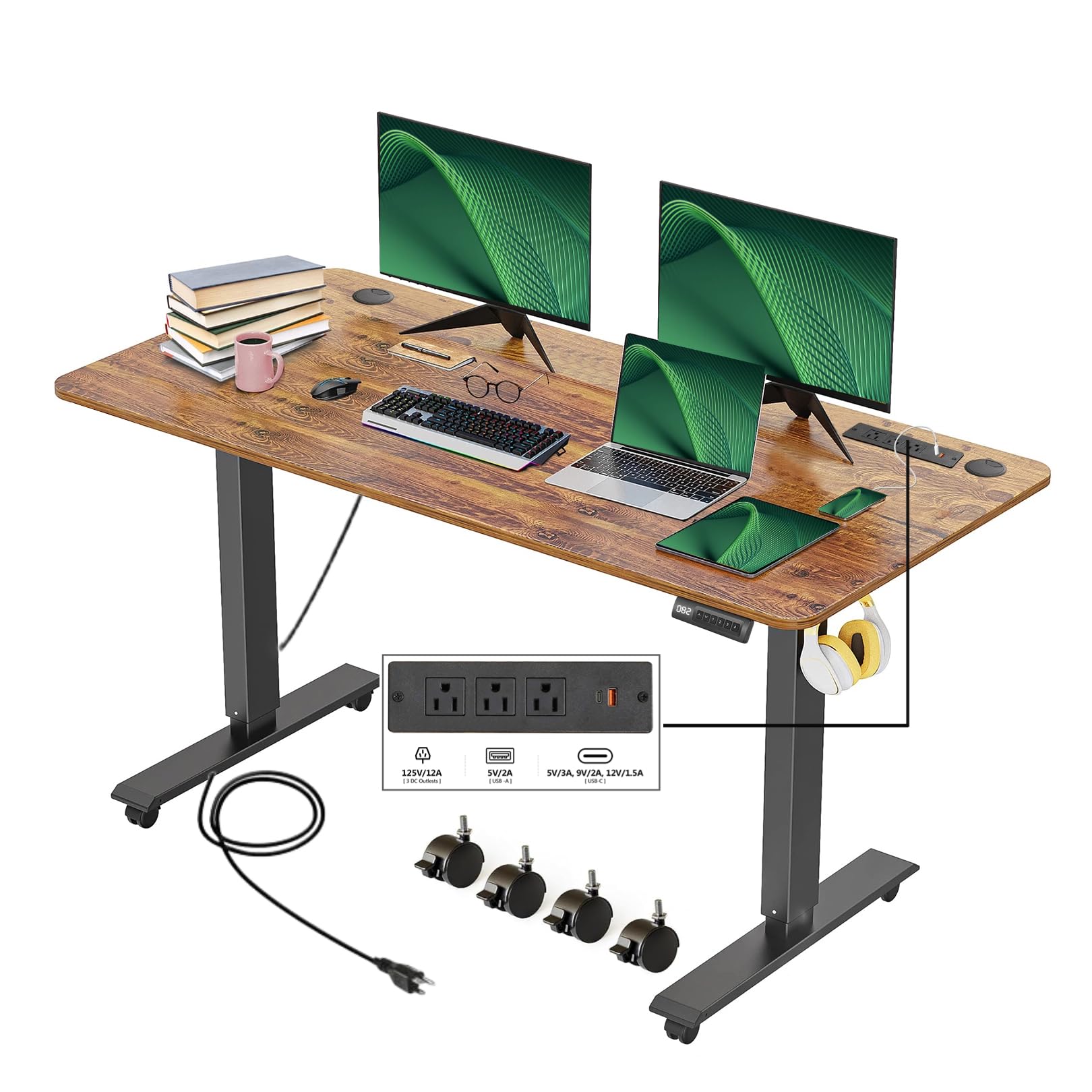 Adjustable Height Electric Standing Desk 55 x 24 Inches - Sit Stand Home Office Desk with USB Ports, Power Outlets & Memory Preset - Ergonomic Computer Workstation for Home Office, Gaming & Study (Brown)