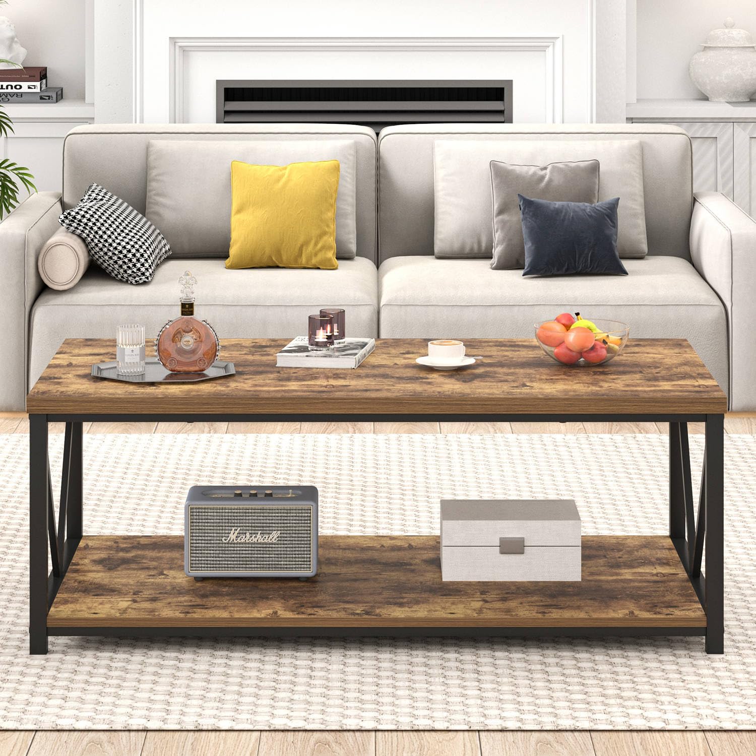 EXCEFUR Modern Coffee Table - Rustic Wood & Metal Living Room Table with Storage Shelf, Industrial Rectangle Center Table, 47 Inch Brown - Perfect for Small Spaces, Apartments & Farmhouse Decor