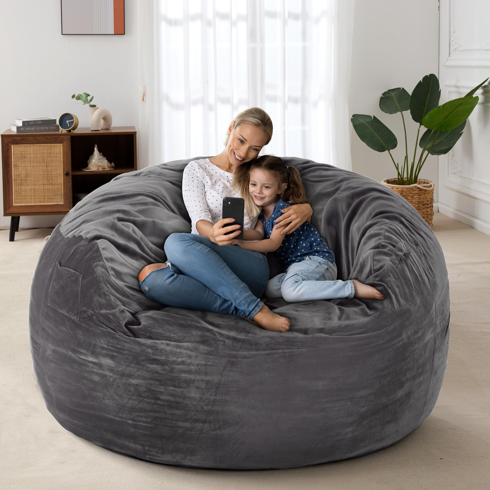 HABUTWAY 4' Giant Memory Foam Bean Bag Chair for Adults - Ultra Soft Microfiber Cover, 4 Feet Large Lounger (Grey) - Perfect for Living Room, Bedroom, Game Room & Dorm Relaxation