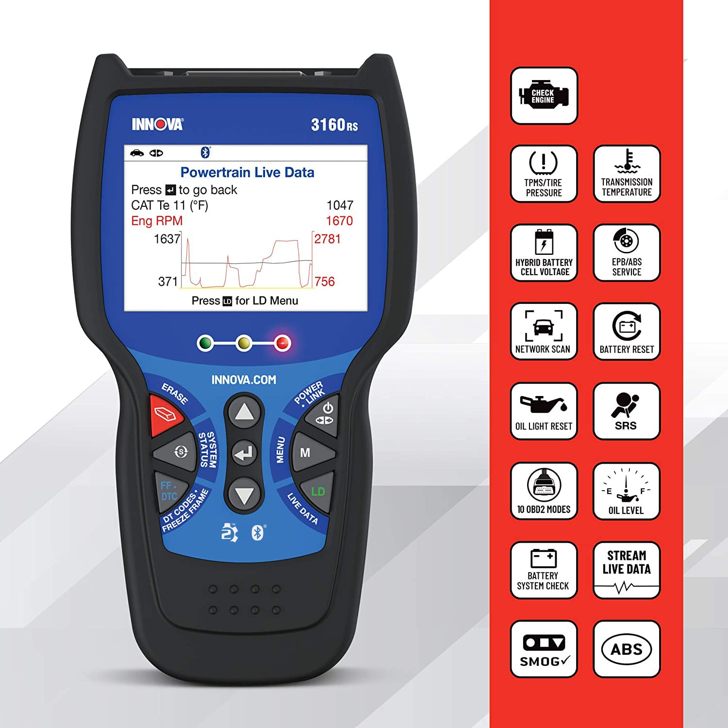 INNOVA 3160RS Professional OBD2 Scanner - ABS Brake Bleeder, SRS & Transmission Diagnostic Tool with Airbag Reset | Car Battery & Alternator Tester for Maintenance | Perfect for Mechanics & DIY Auto Repairs
