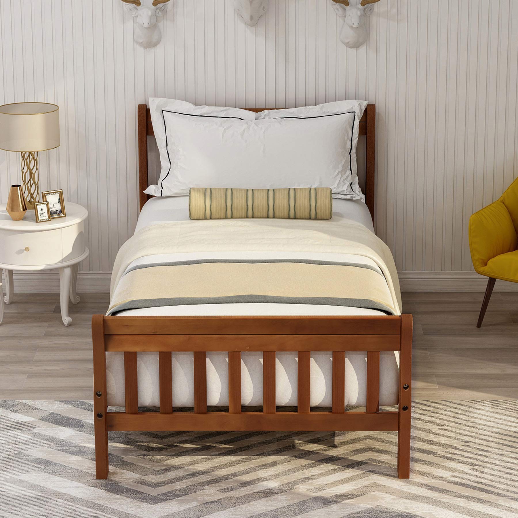 **Merax Solid Wood Twin Platform Bed Frame with Headboard & Footboard - Wood Slat Support, Mattress Foundation - Oak Finish - Perfect for Kids Rooms, Guest Bedrooms & Small Spaces**