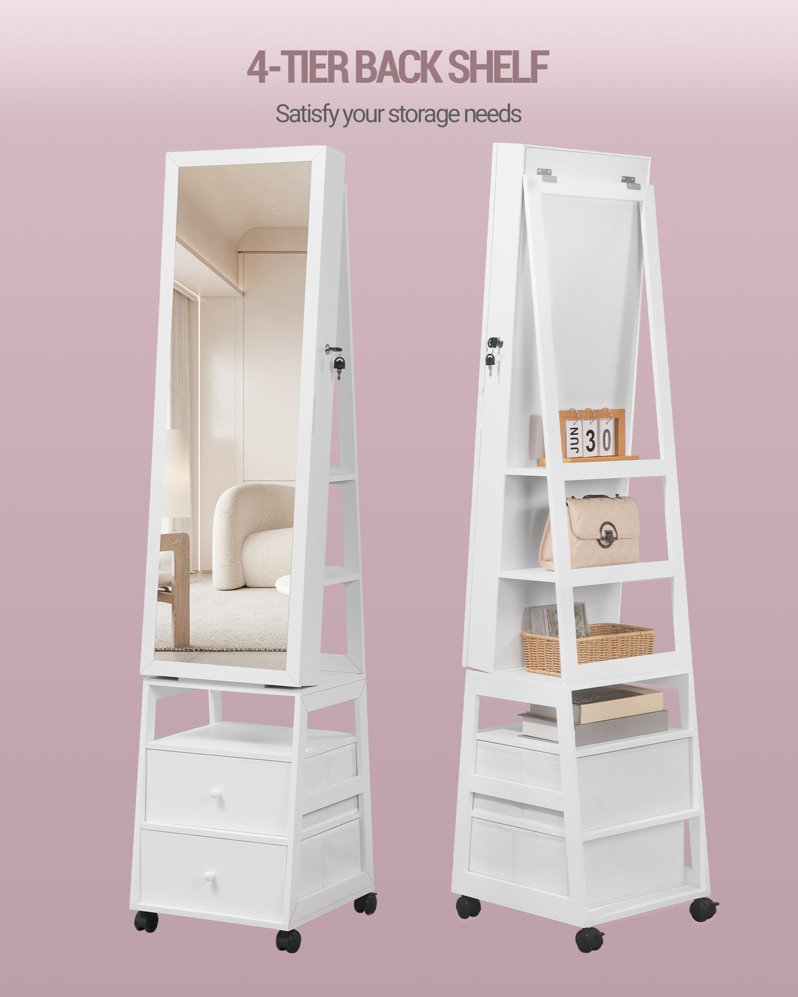 Lockable Jewelry Organizer Mirror Cabinet with Lights & Wheels - 360° Swivel, 2 Drawers for Women's Jewelry Storage - Bedroom/Bathroom Use