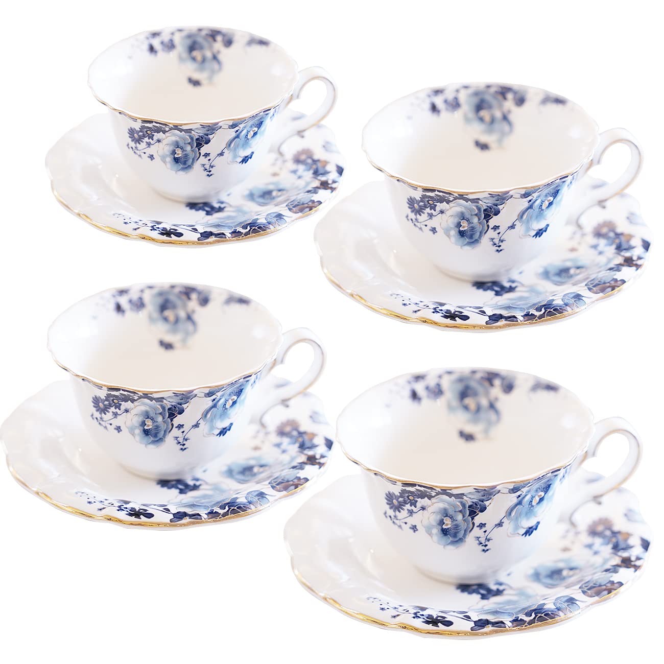 Premium Jomop Ceramic Tea & Coffee Cups with Saucers Set of 4 - Blue & White Porcelain for Afternoon Tea, Office Use & Gift Giving