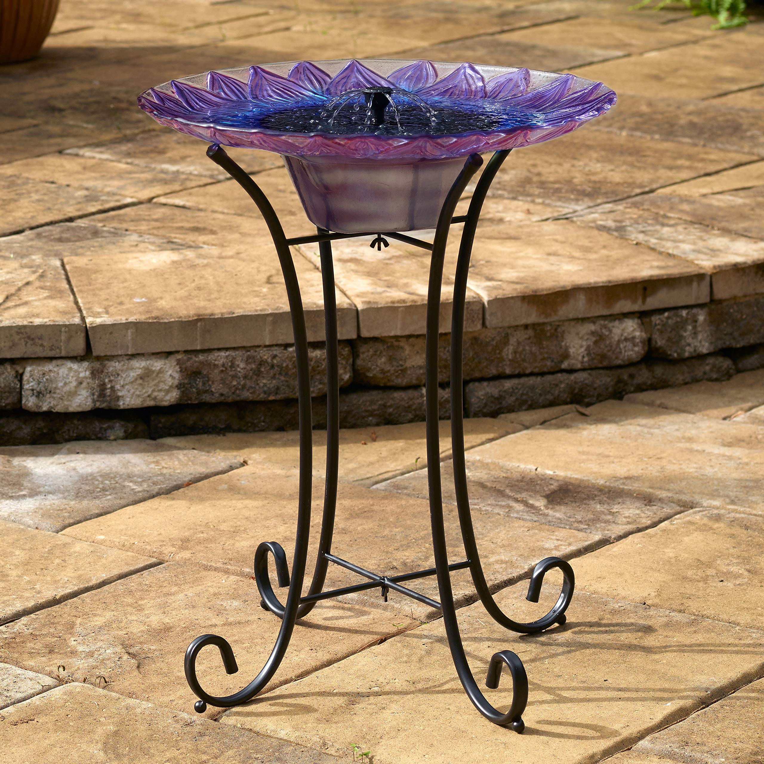 Smart Solar-Powered Birdbath Fountain with Patented Solar Panel & Pump System - Hand-Painted Glass Flower Design on Metal Stand (Blue/Purple) - Perfect for Garden, Patio, Yard Decoration & Attracting Birds