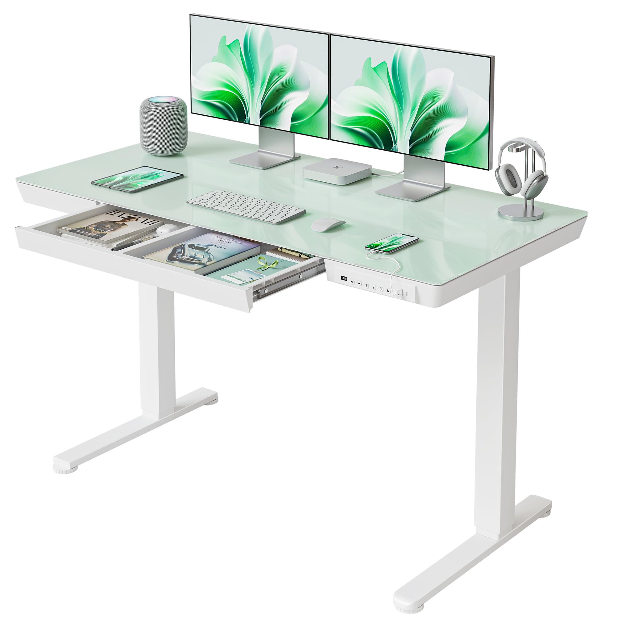 FEZIBO 48×24 Inch Electric Standing Desk with Drawers - Adjustable Height Glass Top Sit Stand Workstation, Quick Assembly Home Office Desk (White) | Perfect for Remote Work, Gaming Setup & Study Spaces