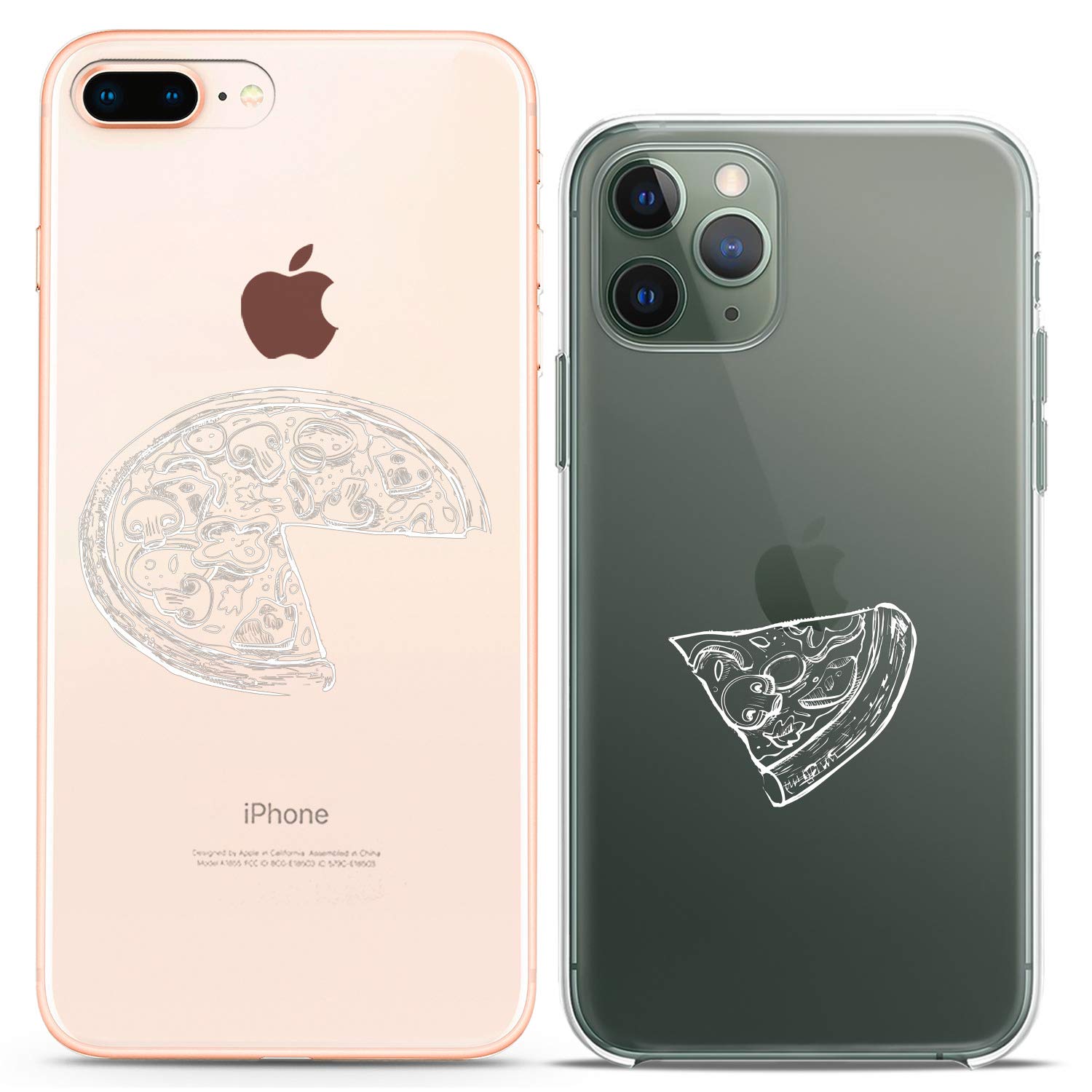 Matching Couple Phone Cases Compatible for iPhone 16/15/14/13/12/11 Pro Max/Mini/XS/X/6s/8 Plus/7+/XR/10/SE/5 - Pizza Sketch Slice Design Cute Silicone Cover - Perfect Anniversary Gift for Girlfriend, BFF or Couple (Ideal for Valentine's Day, Birthday & Romantic Presents)