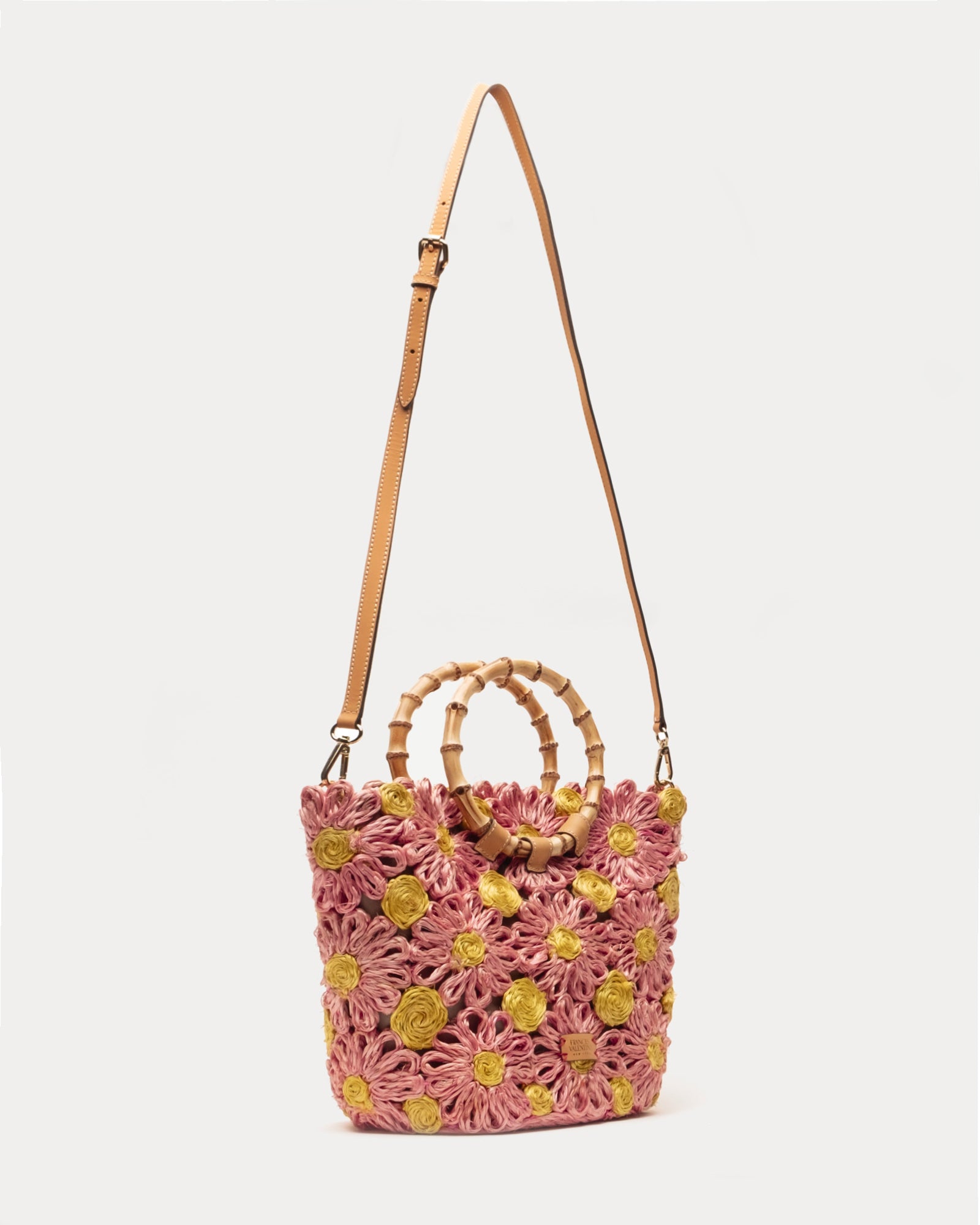 Eco-Friendly Flora Tote Bag with Bamboo Handle - Abaca Fiber in Pink & Yellow - One Size Fits All - Perfect for Beach, Shopping & Farmers Market