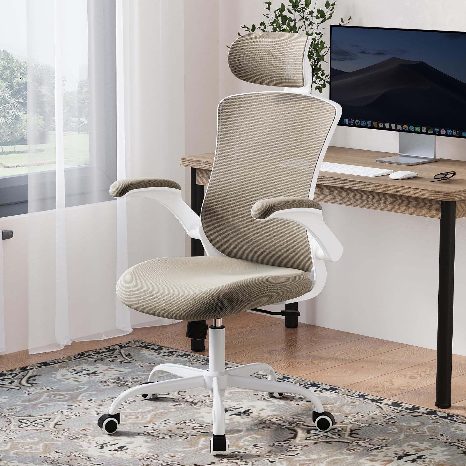 Ergonomic Office Chair with Adjustable Lumbar Support & Headrest - High Back Mesh Computer Desk Chair with Flip-Up Armrests, Breathable & Comfortable for Home Office, Gaming & Study - Perfect for Long Work Hours & Remote Work (Khaki)