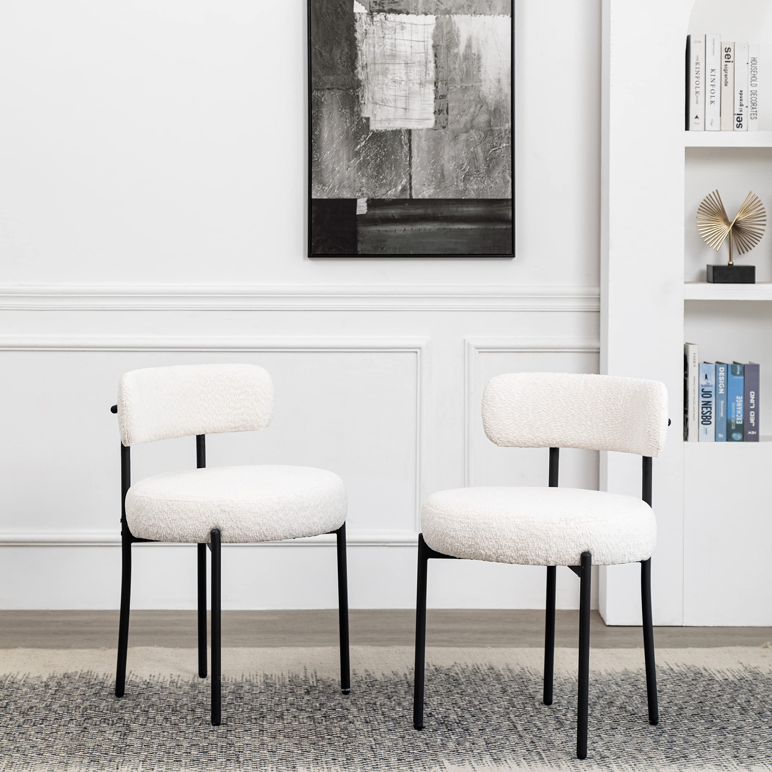 DYHOME White Boucle Dining Chairs Set of 4 - Modern Upholstered Kitchen & Dining Room Chairs with Thick Cushions & Sturdy Metal Legs - Perfect for Kitchen, Living Room, Breakfast Nook & Small Space Dining Areas