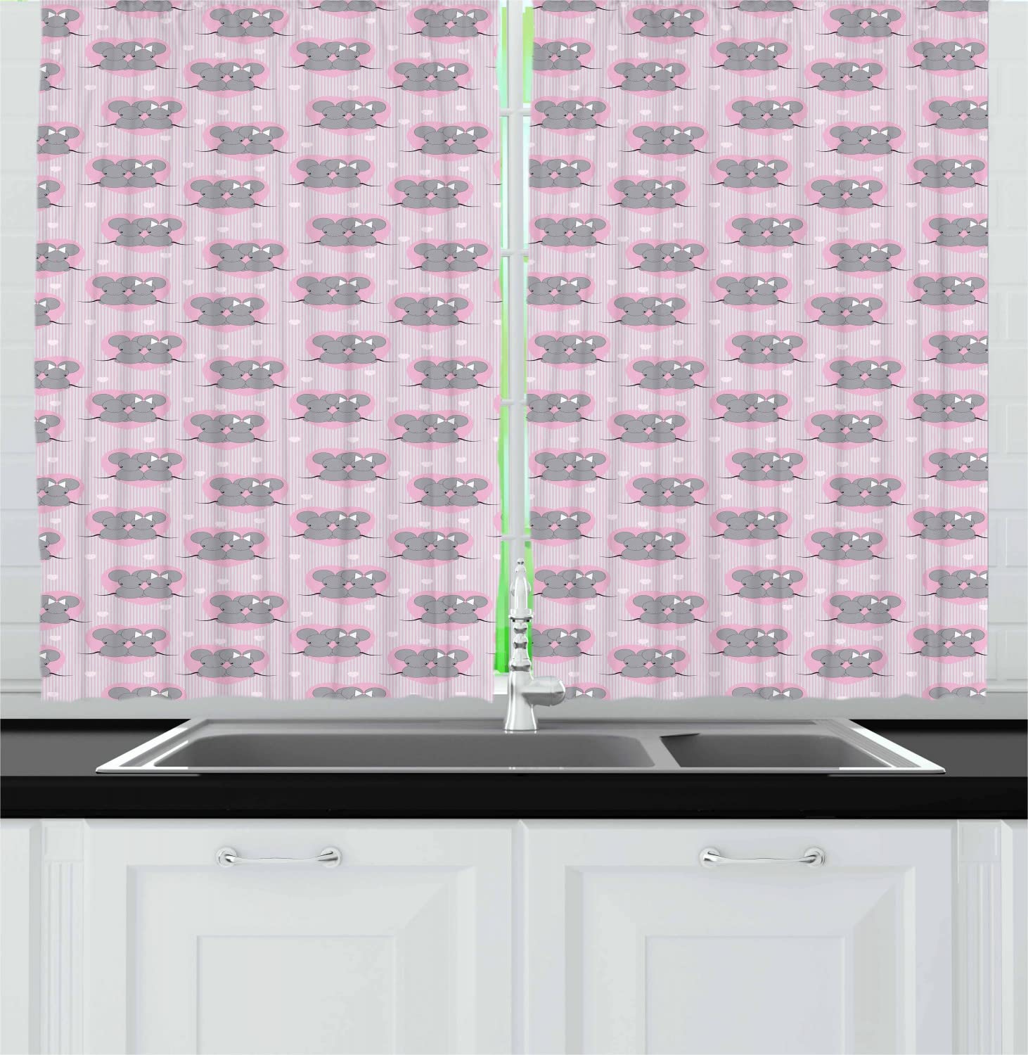 Ambesonne Pink and Grey Long Kitchen Curtains - Cute Mouse Characters with Hearts on Striped Background, Cartoon Lovers Design, 2 Panel Rod Pocket Drapes, 55 x 45 Inches - Perfect for Kids' Room, Nursery, Playroom or Kitchen Decor