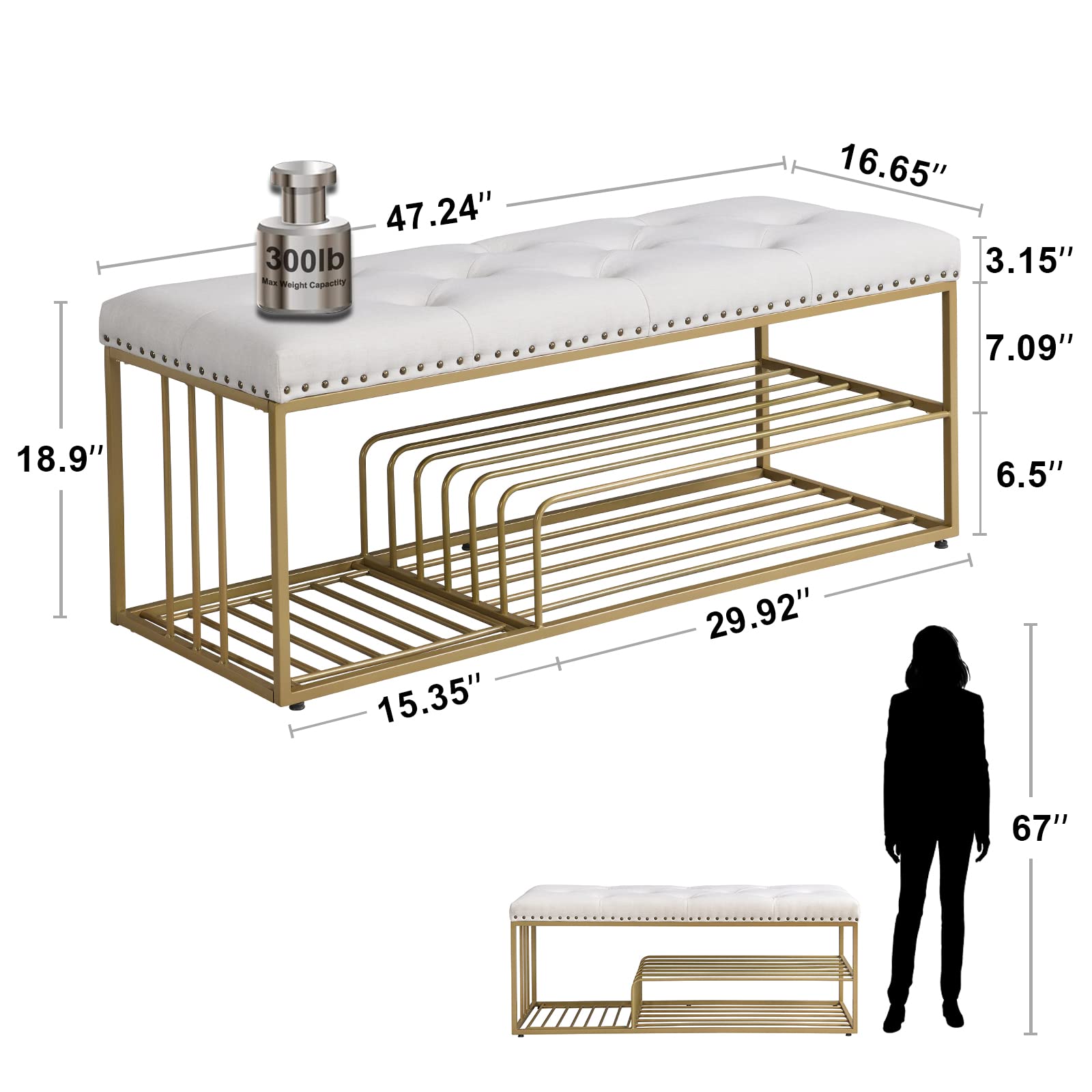 Linen Storage Bench with Tufted Padded Seat - Gold Metal Frame Ottoman Shoe Bench for Entryway, Bedroom, Living Room & Mudroom - Beige Home Decor for Small Space Organization