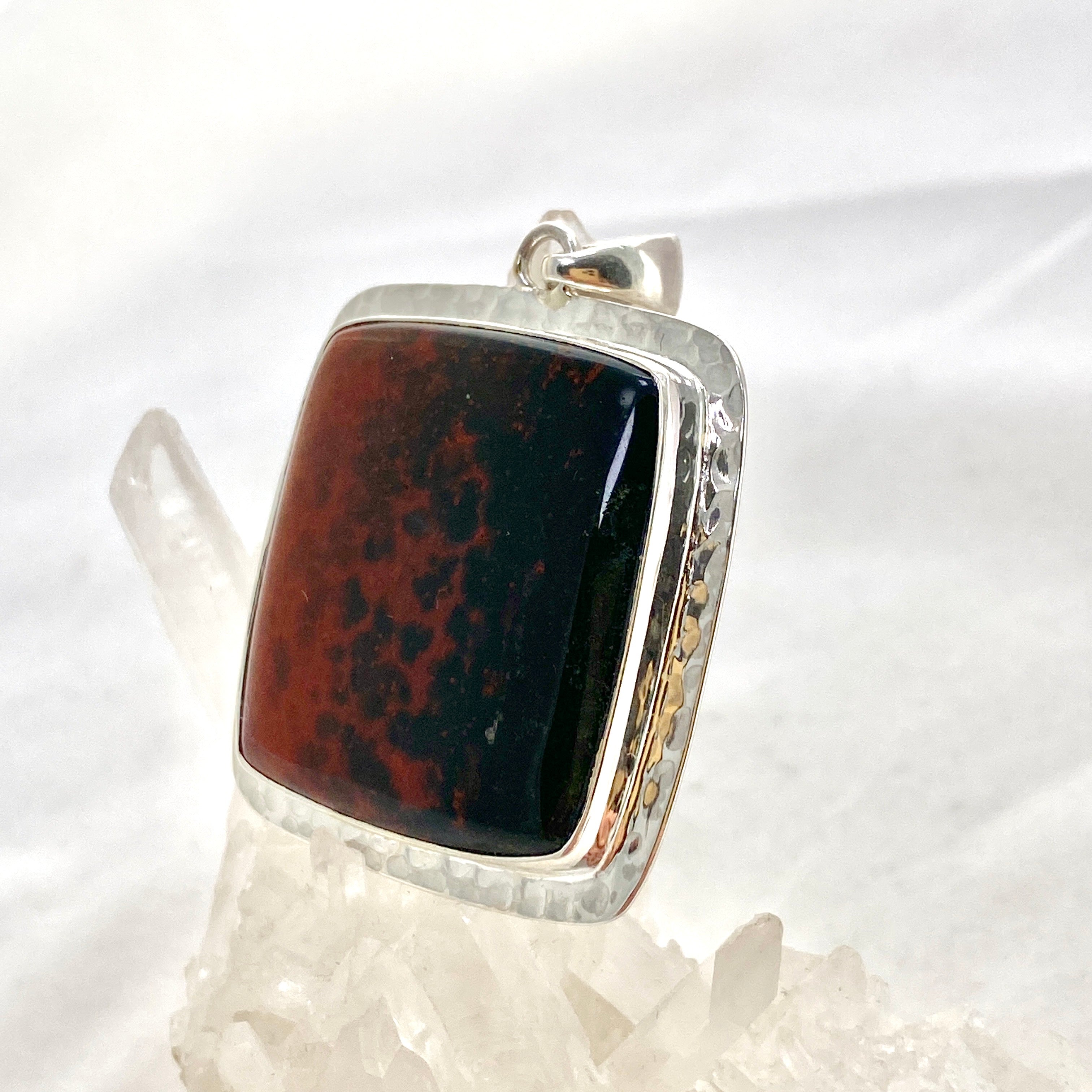 Natural Bloodstone Square Cabochon Pendant in Hammered Sterling Silver Setting KPGJ4743 - Perfect for Healing Jewelry, Meditation & Spiritual Gifts