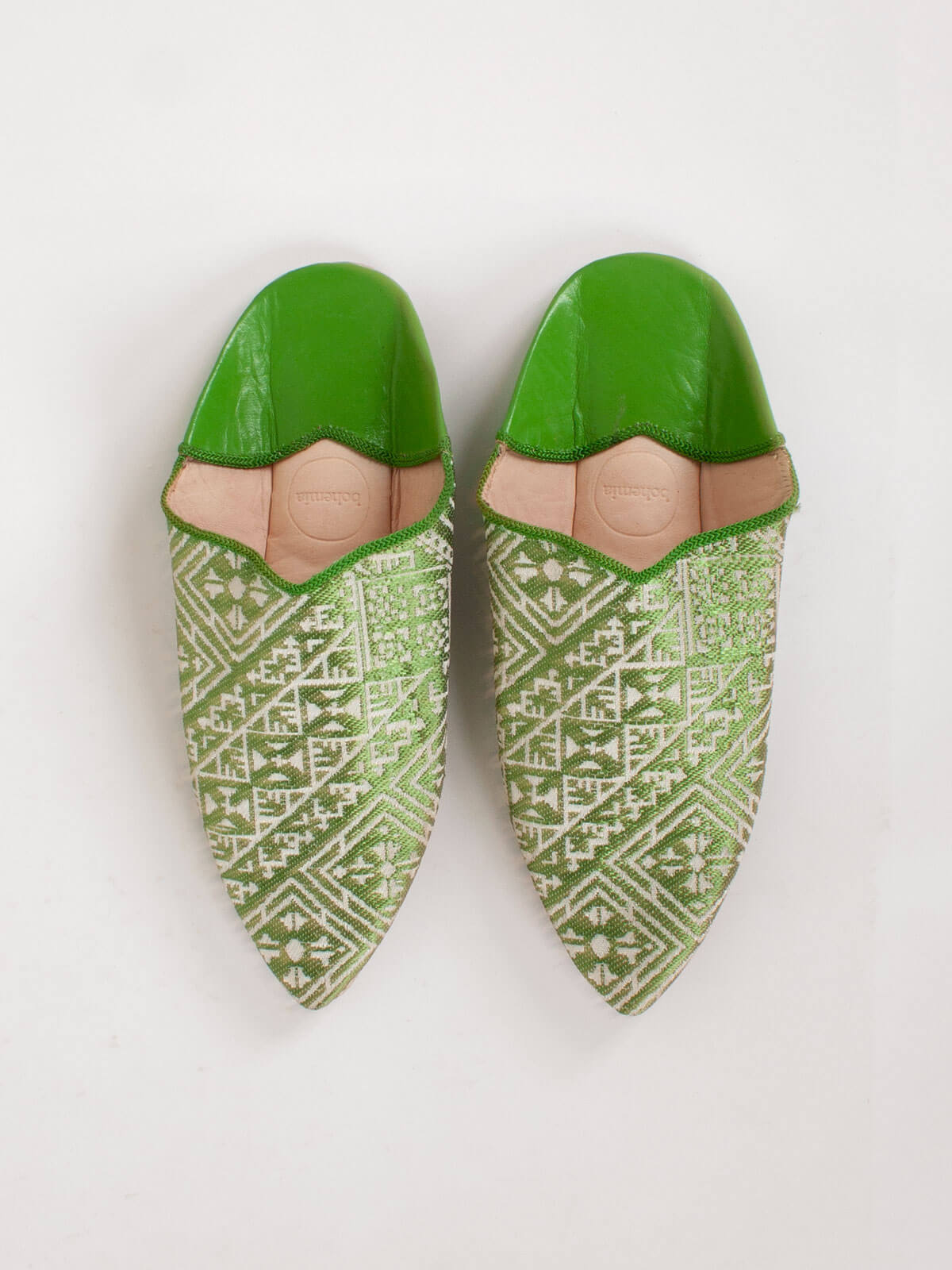 Authentic Moroccan Jacquard Pointed Babouche Slippers - Comfortable Green Leather House Shoes | Perfect for Home, Lounge & Cultural Events