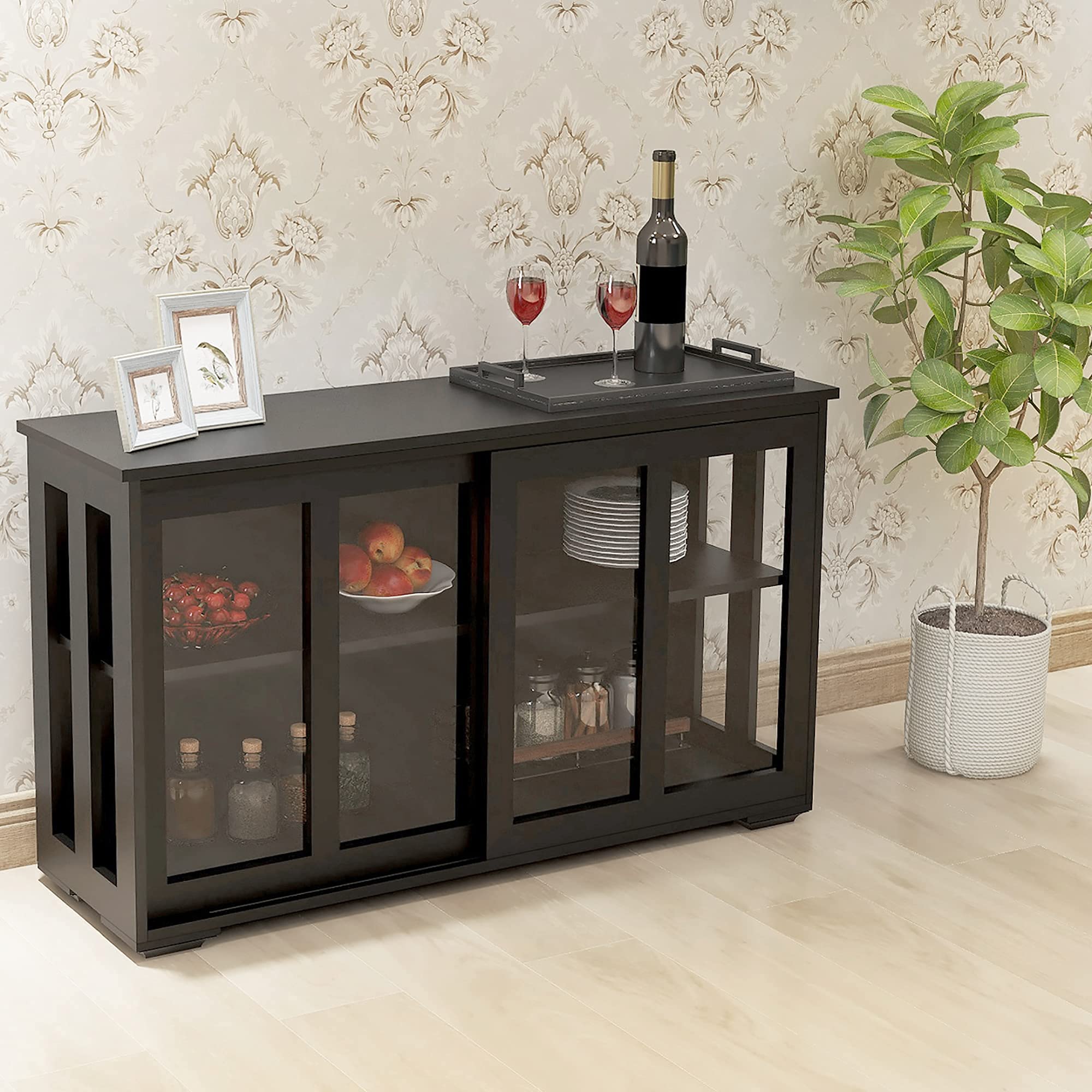 Antique Black Stackable Sideboard Cabinet with Glass Sliding Door & Adjustable Shelves - Universal Kitchen Storage, Buffet Cupboard for Dining & Living Room - Perfect for Small Space Organization & Home Decor