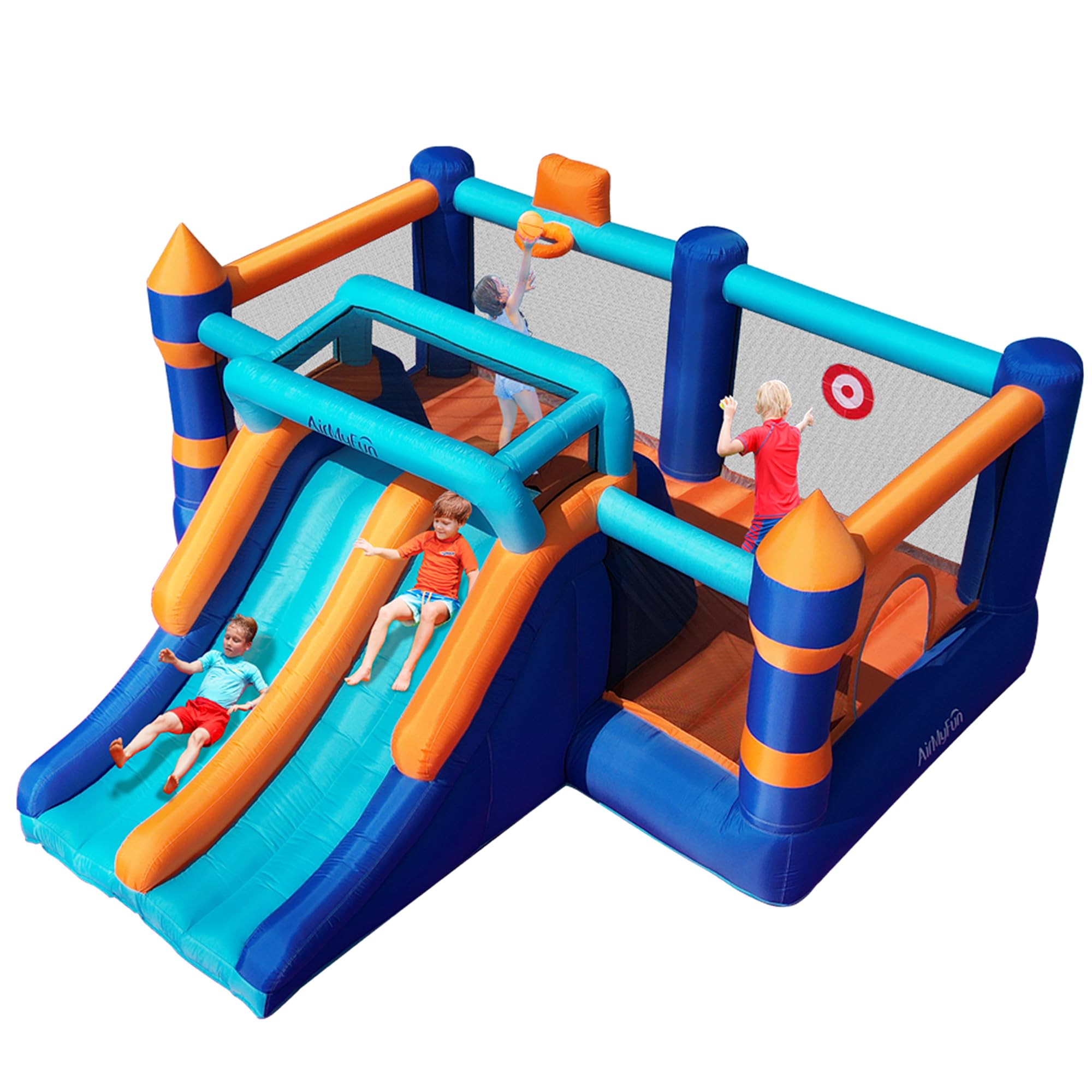 **AirMyFun Inflatable Bounce House with Double Slide & Basketball Hoop - Kids Indoor/Outdoor Jumping Castle for Backyard Parties, Birthday Events & Playtime Fun**