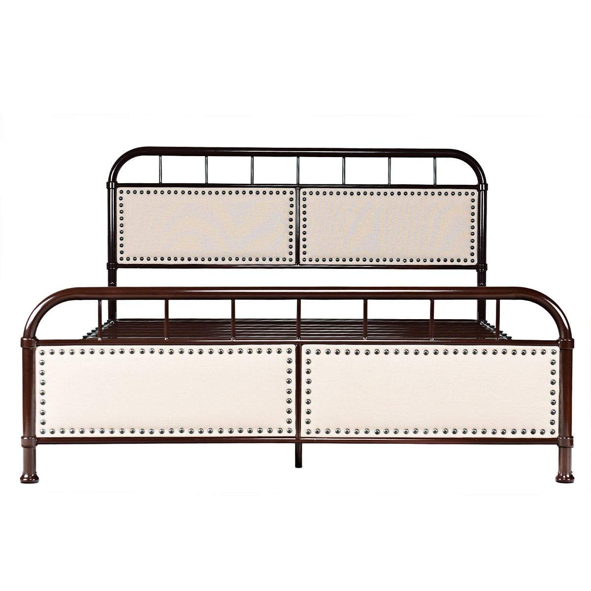 WATERJOY Queen Size Bed Frame - Sturdy Steel Platform Bed with Upholstered Headboard - Chocolate Brown - Perfect for Modern Bedrooms & Guest Rooms