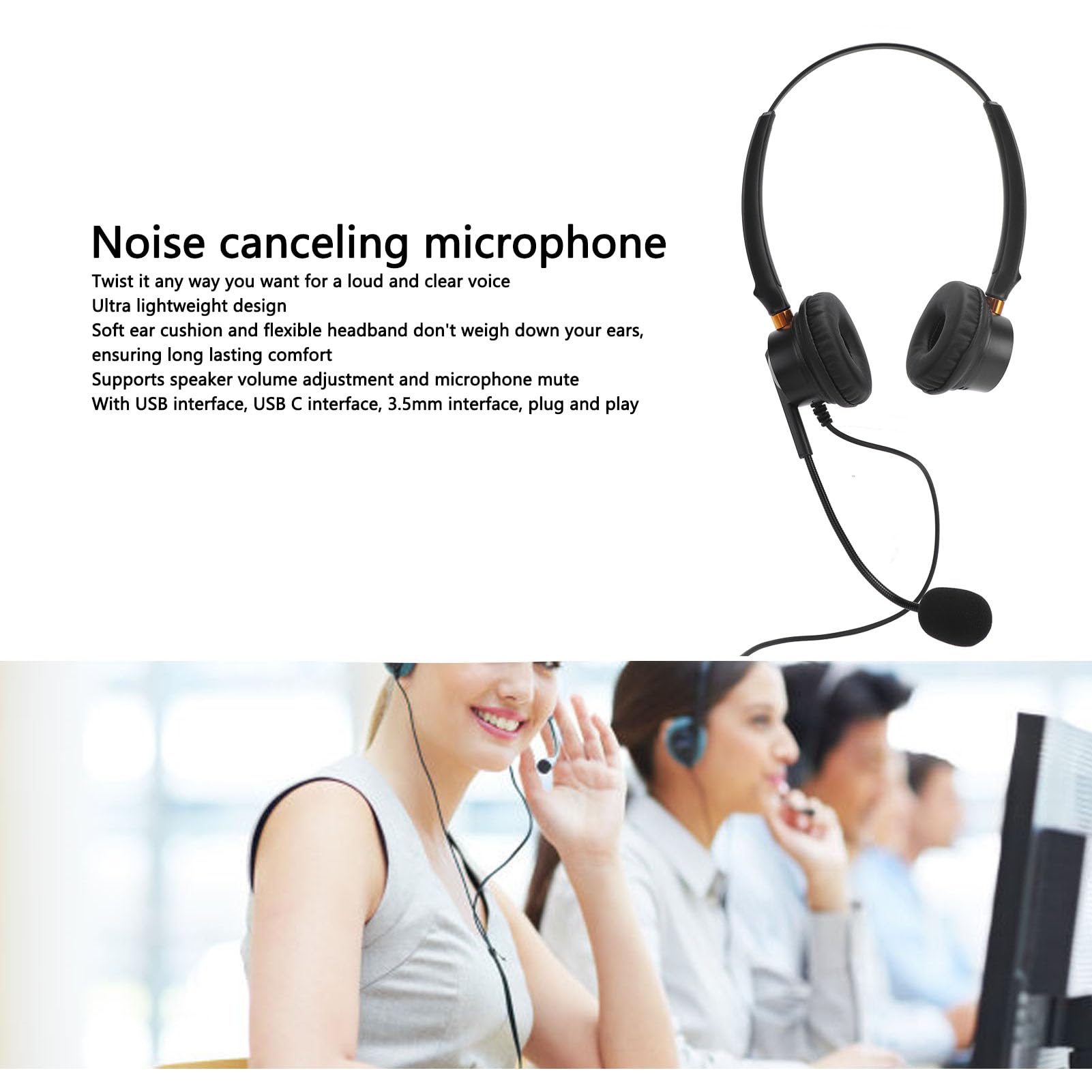 Topiky Noise Canceling USB Headset with Adjustable Volume & Long Cable - Dual Ear Office Telephone Headset for Call Center, Customer Service & Remote Work (PC/Laptop Compatible)