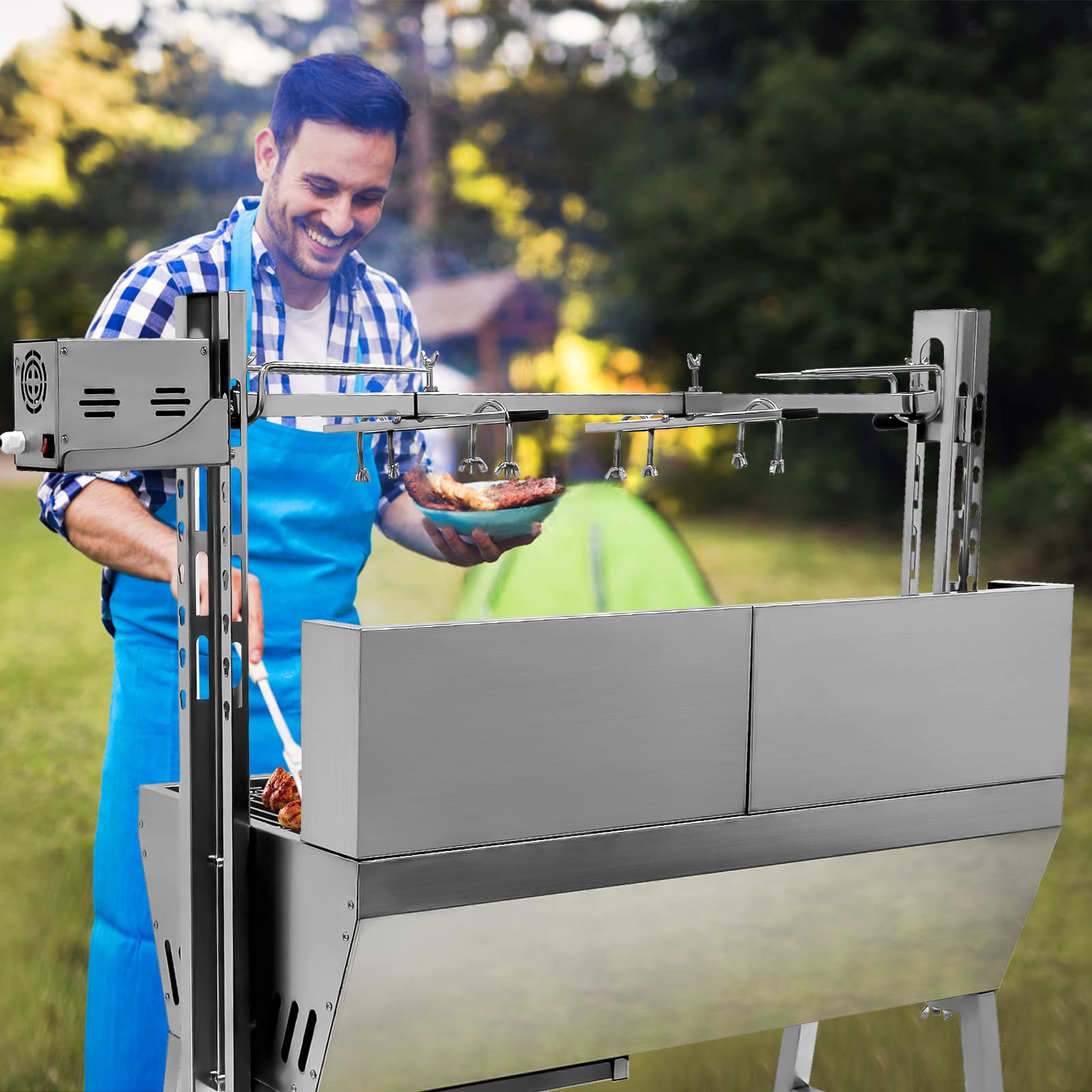 25W Stainless Steel Rotisserie Grill with Wind Screen - 37 Inch Outdoor BBQ Roaster for Pig, Lamb & Meat (60KG/132LBS Capacity) - Perfect for Camping, Backyard Parties & Outdoor Barbecues
