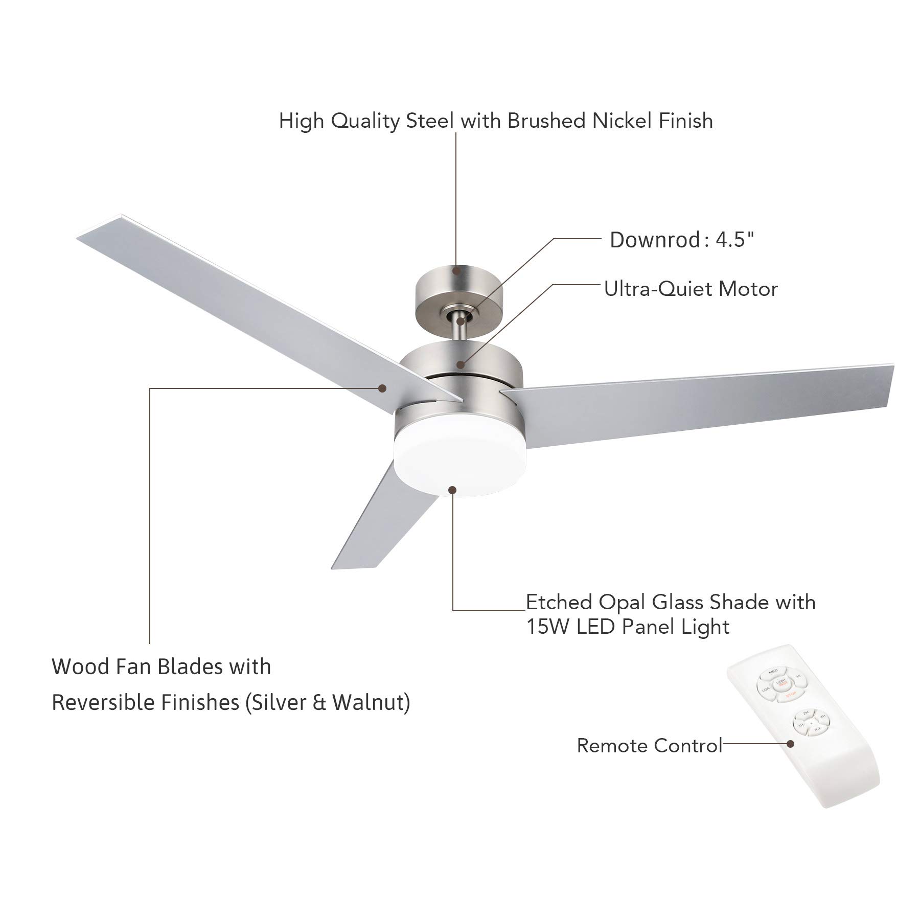 VONLUCE 52-inch Modern Ceiling Fan with LED Light and Remote Control - 3-Blade Low Profile Design, Brushed Nickel Steel Body, 15W LED Panel & Glass Shade, 120V - Perfect for Bedroom, Living Room, and Office Spaces