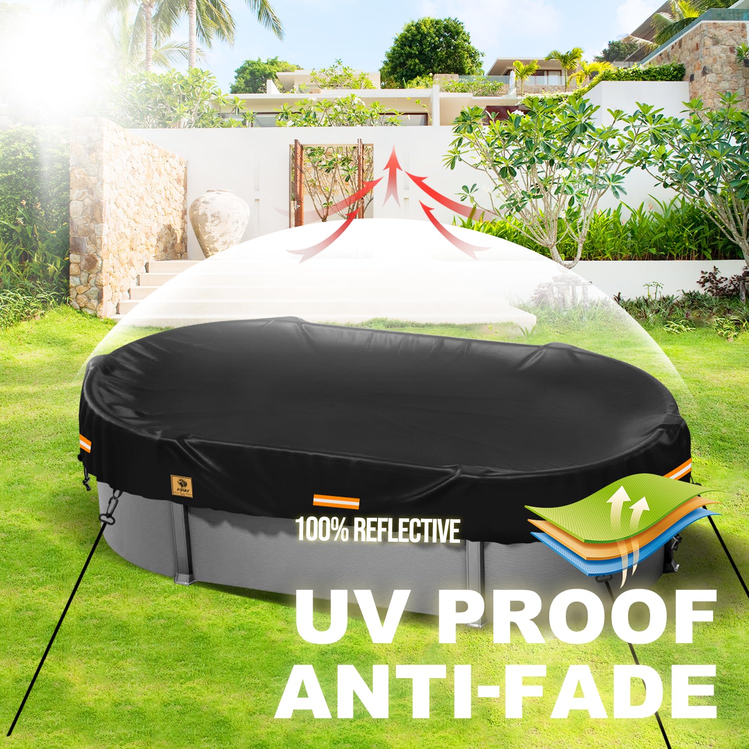 12x24ft Rectangle Above Ground Pool Cover - Heavy Duty 420D Polyester Winter Pool Cover for Oval Pools | Waterproof, Tearproof & UV-Resistant with Ground Nail Sets | Perfect for Winter Protection & Summer Solar Heating