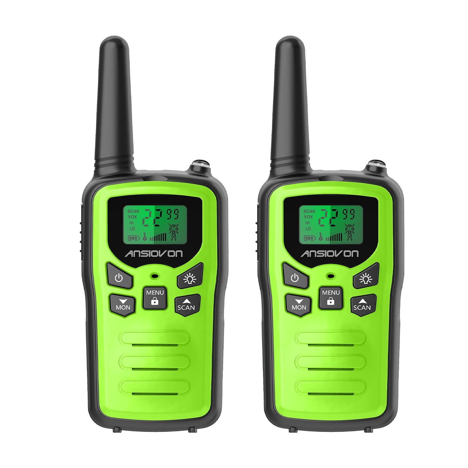 ANSIOVON Walkie Talkies for Adults - Long Range 22 Channel Two Way Radios with VOX, LCD Display & Flashlight (2 Pack Green) - Perfect for Family Outdoor Activities, Biking, Hiking, Camping & Cruise Ship Communication