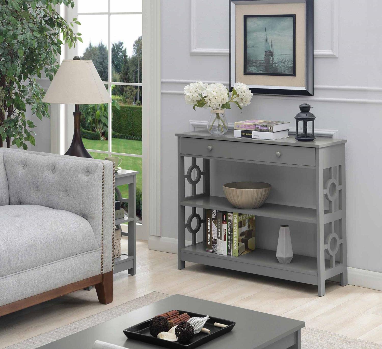 Convenience Concepts Ring 1-Drawer Console Table with Shelves - Modern Gray Entryway Table for Living Room, Hallway & Small Space Organization