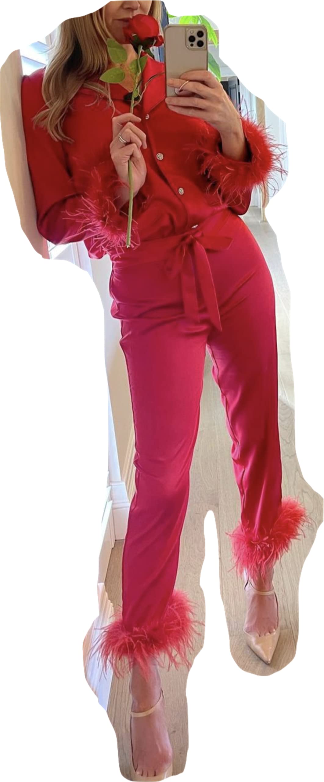 Elegant Women's Solid Color Suit Set with Lapel Coat & Ostrich Hair Cuffs Trousers - 2 Piece Pajama Outfit (Size L, Red) | Perfect for Lounge Wear, Sleepwear & Stylish Home Comfort